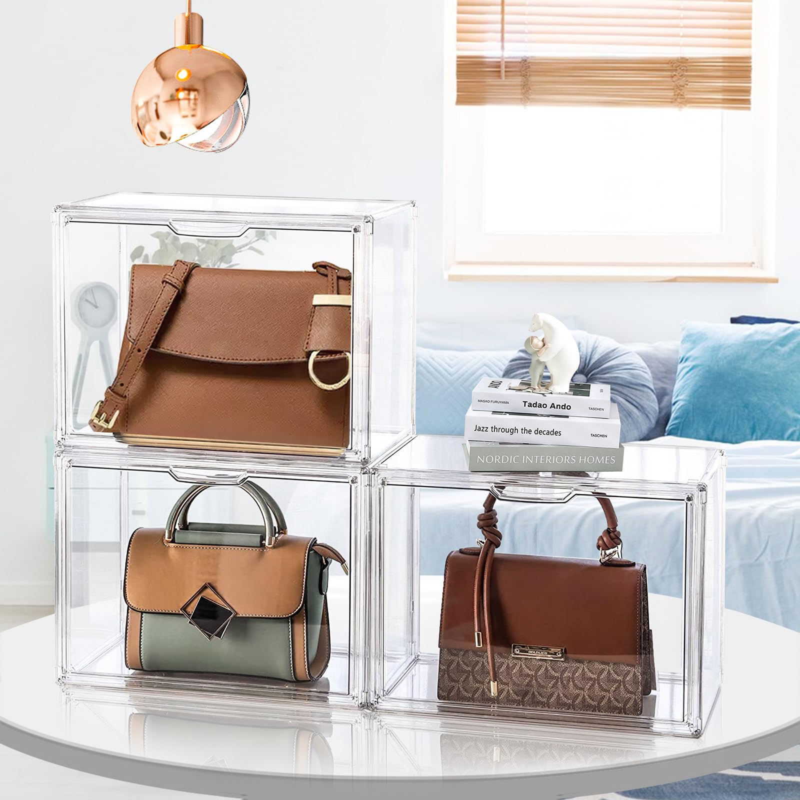 LINYAPRY 4 Packs Clear Plastic Handbag Storage Organizer for Closet, Large Acrylic Display Box for Handbag, Stackable Storage Boxes Bag Organizer with