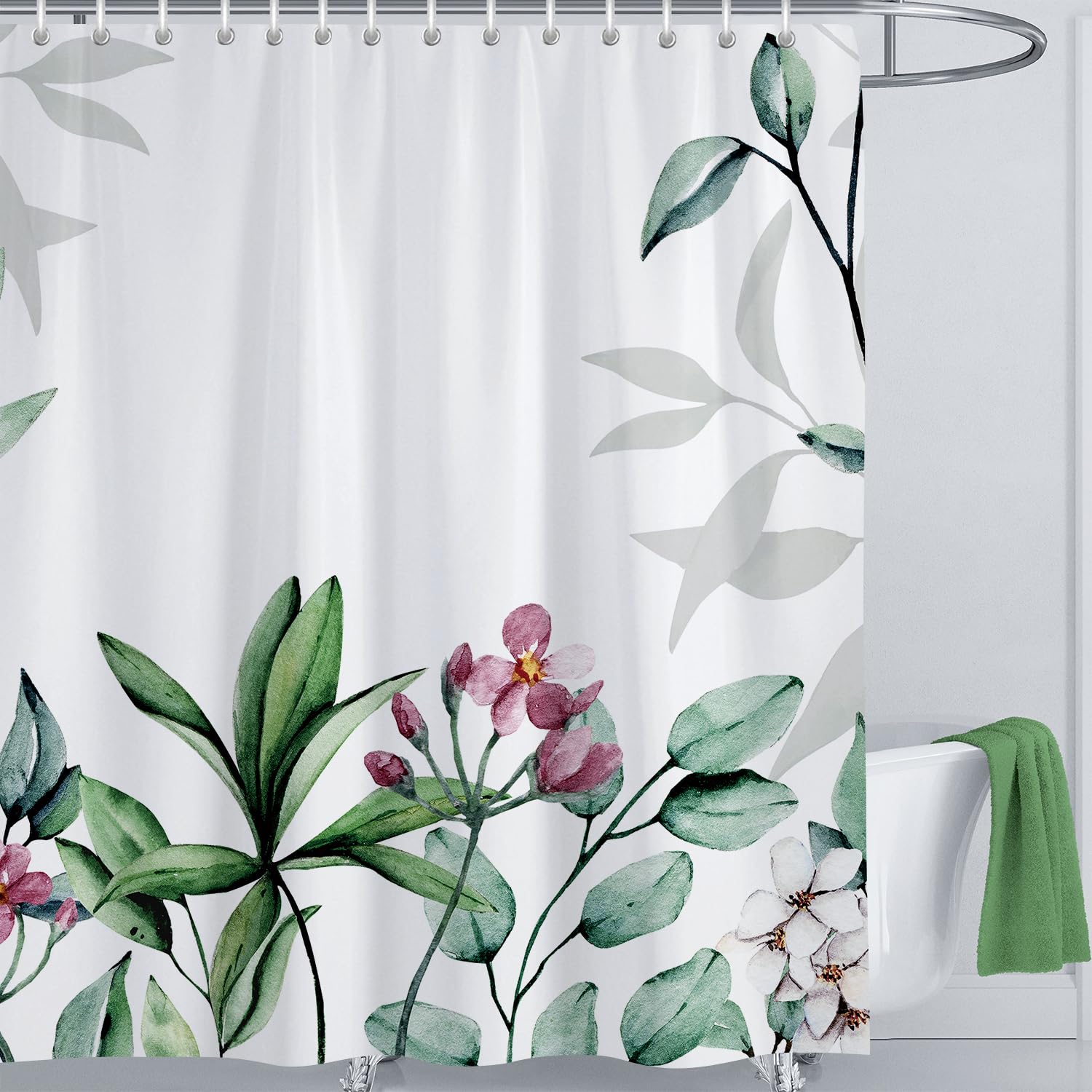 LIVETTY Shower Curtain Green Leaves for Bathroom 180x180cm Fabric Curtain With 12 Hooks Mould Proof Floral Shower Curtains Fabric Bathroom Curtain