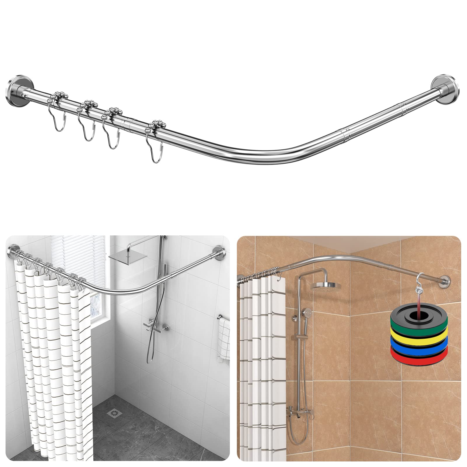 Shower Curtain Rod Adjustable L Shaped, incl 24 Rings, Shower Curtain Angle Rods, No Drilling & Without Ceiling Bracket, Extendable Shower Rod Corner