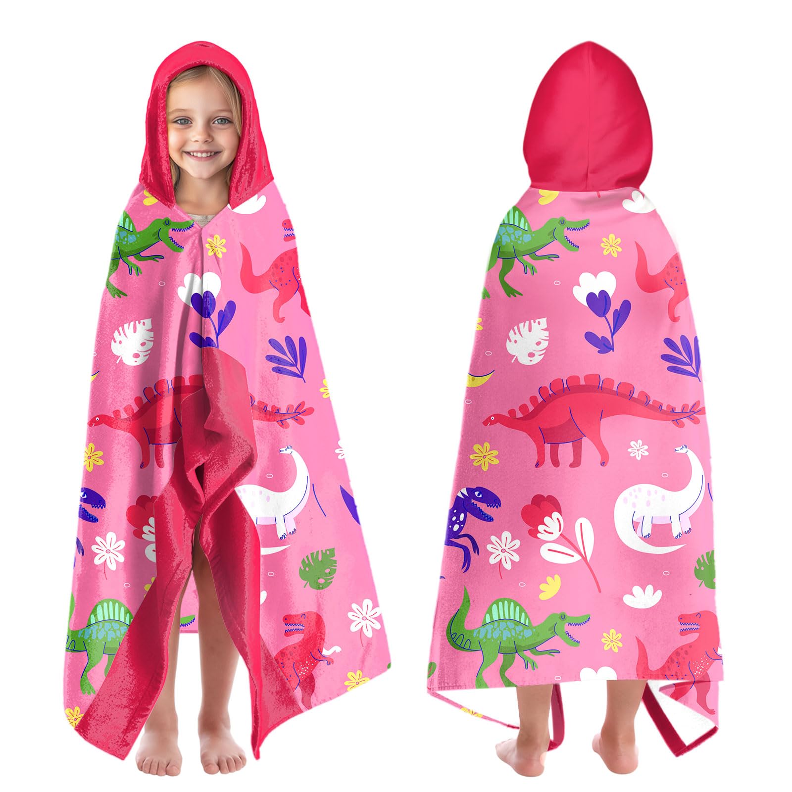 Dinosaur Beach Towels for Girls Hooded Beach Towels for Kids Ages 4-8 ,Dino Hooded Bath Towels Wrap for Toddler Teen Girls 30x50 inch Quick Dry Pink