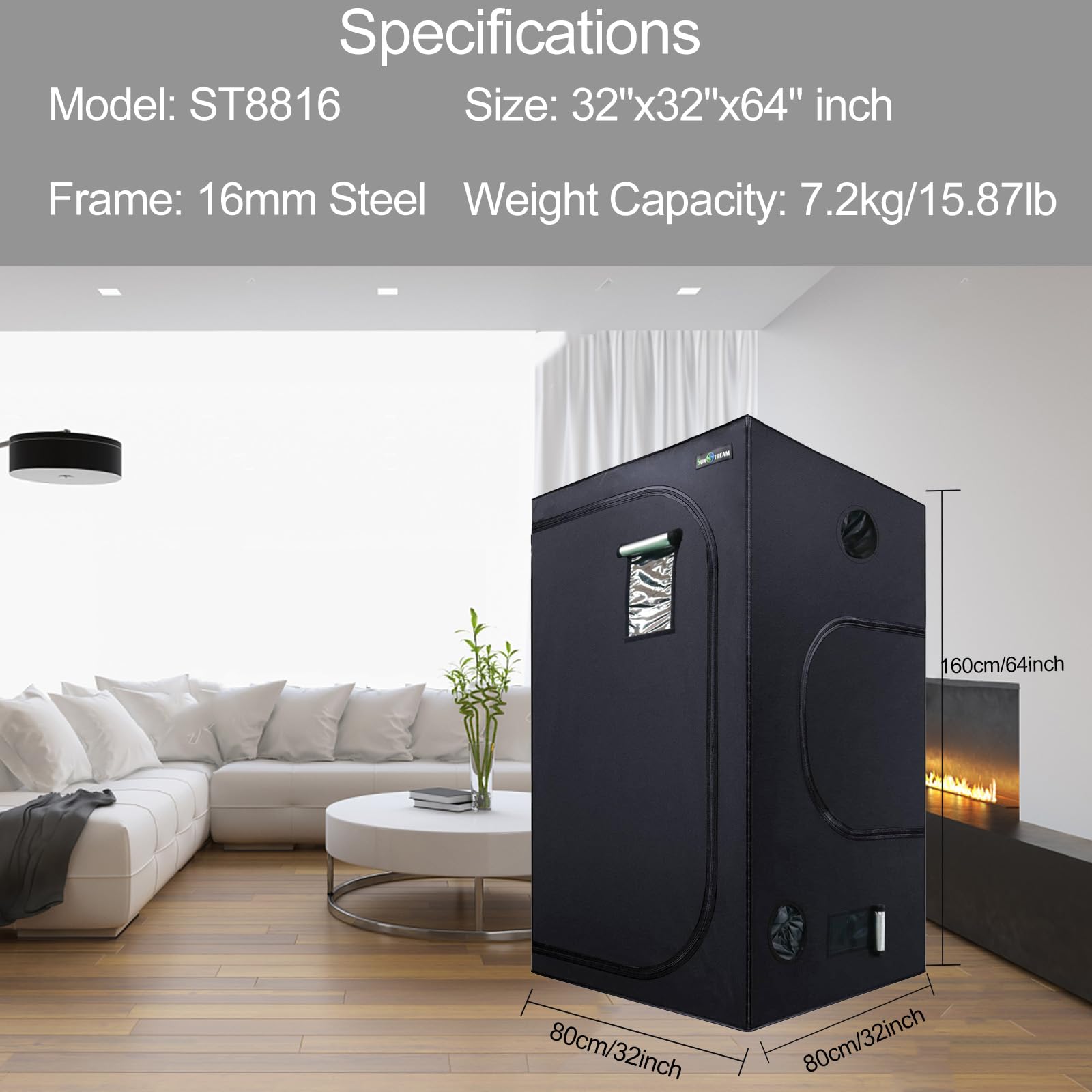 SunStream Hydroponic Grow Tent 32"x32"x64"(80x80x160cm) for Indoor Seedling Plant Growing, Water-Resistant LightProof 2.6x2.6 FT Small Mushroom Indoor