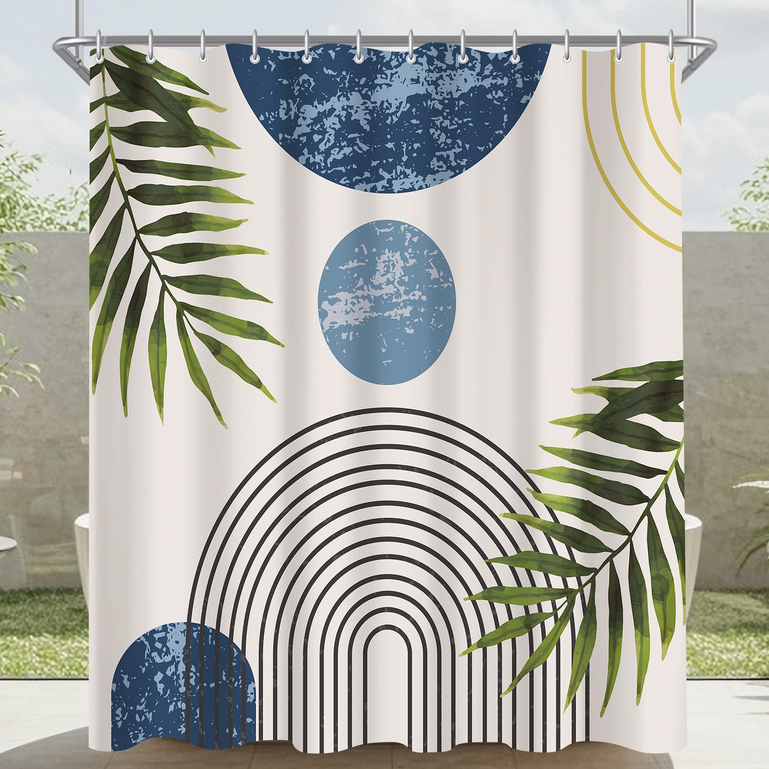 Lerores Shower Curtain, 180 x 200 cm, Blue Leaves Line, Weighted Hem, Anti-Mould Textile, Water-Repellent, Washable Polyester Bath Curtains with 12