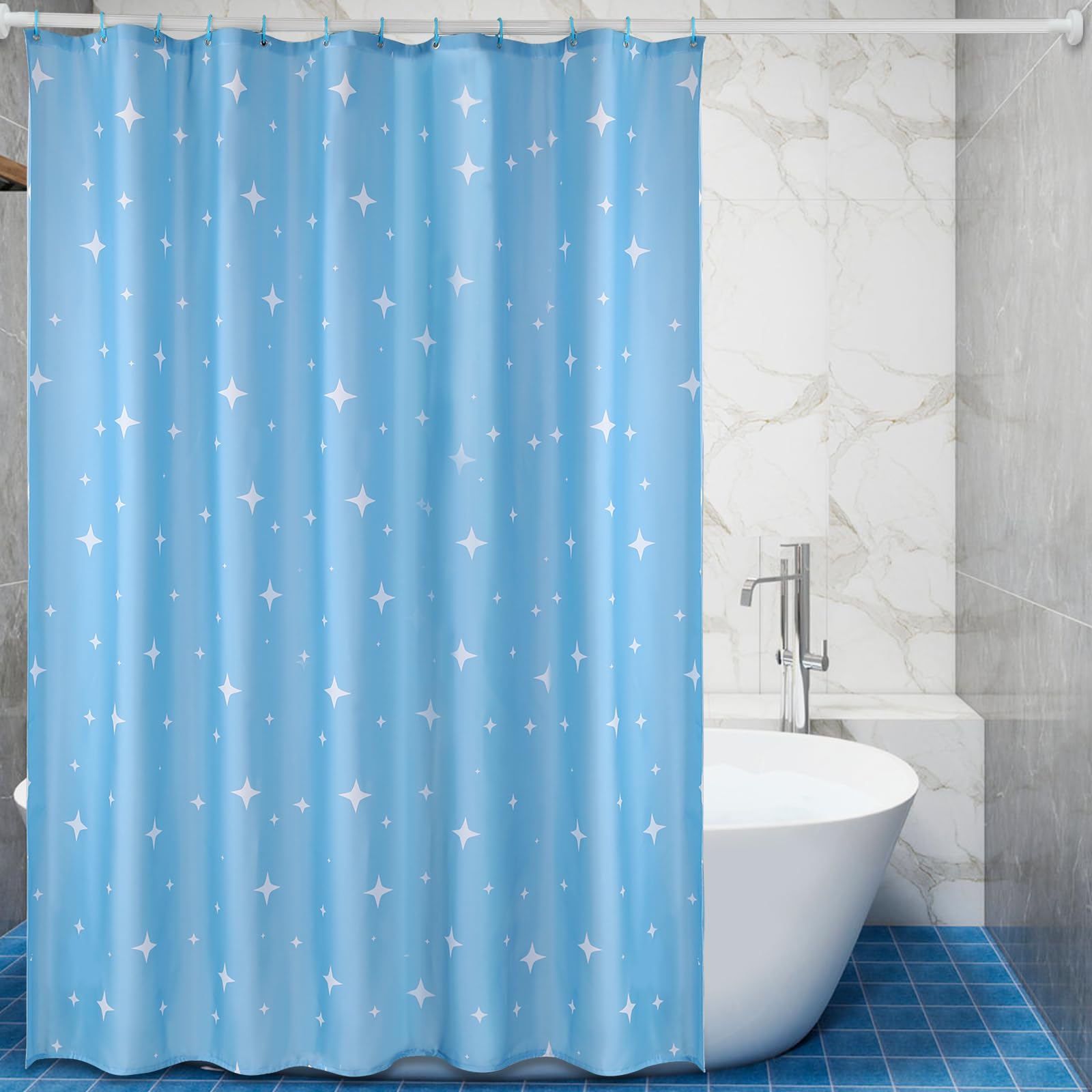 Lkw Ogechi Shower Curtain Blue with Weighted Hem 200x200 cm Star, Polyester Machine Washable Weighted Shower Curtain, Waterproof Anti-mould Wetroom