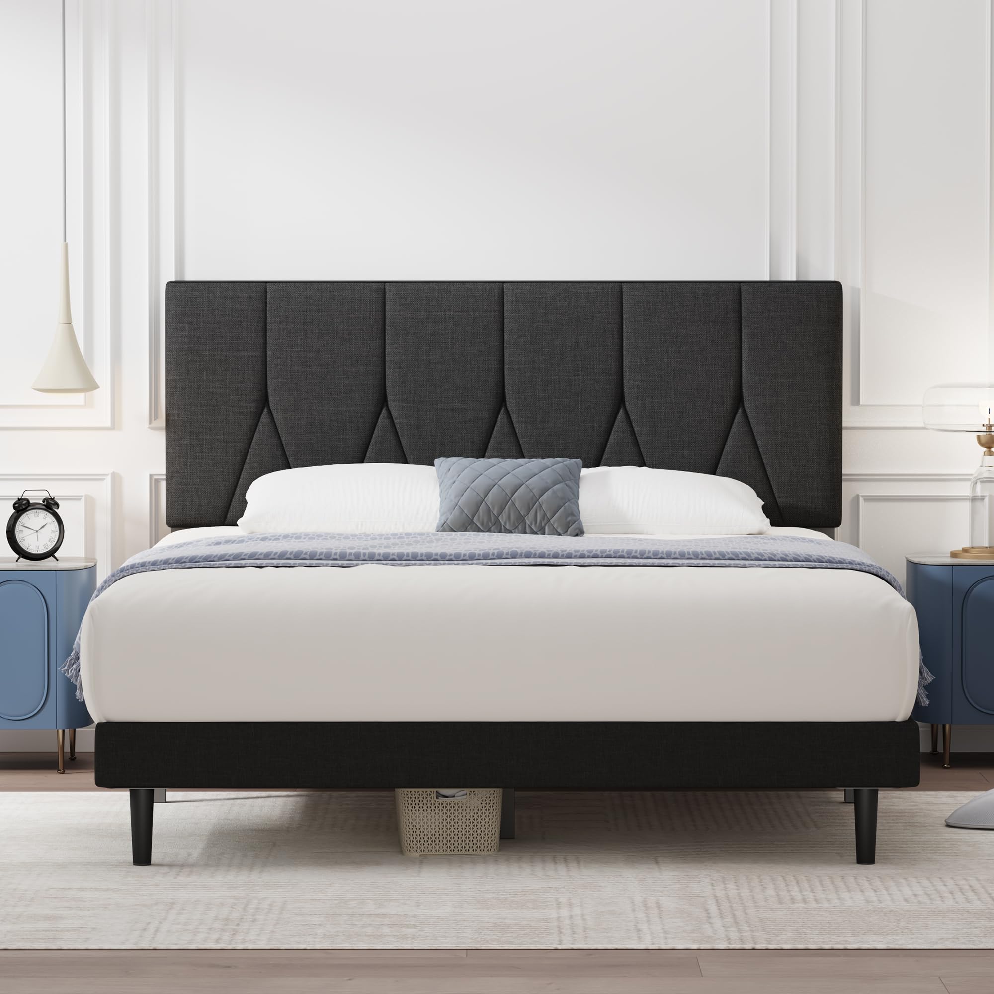 Yocreat Small Double Bed Frame, Black, Upholstered Wooden Slat Bed Frame with Headboard, Easy Assembly, Underbed Storage, No Box Spring Needed 120?190