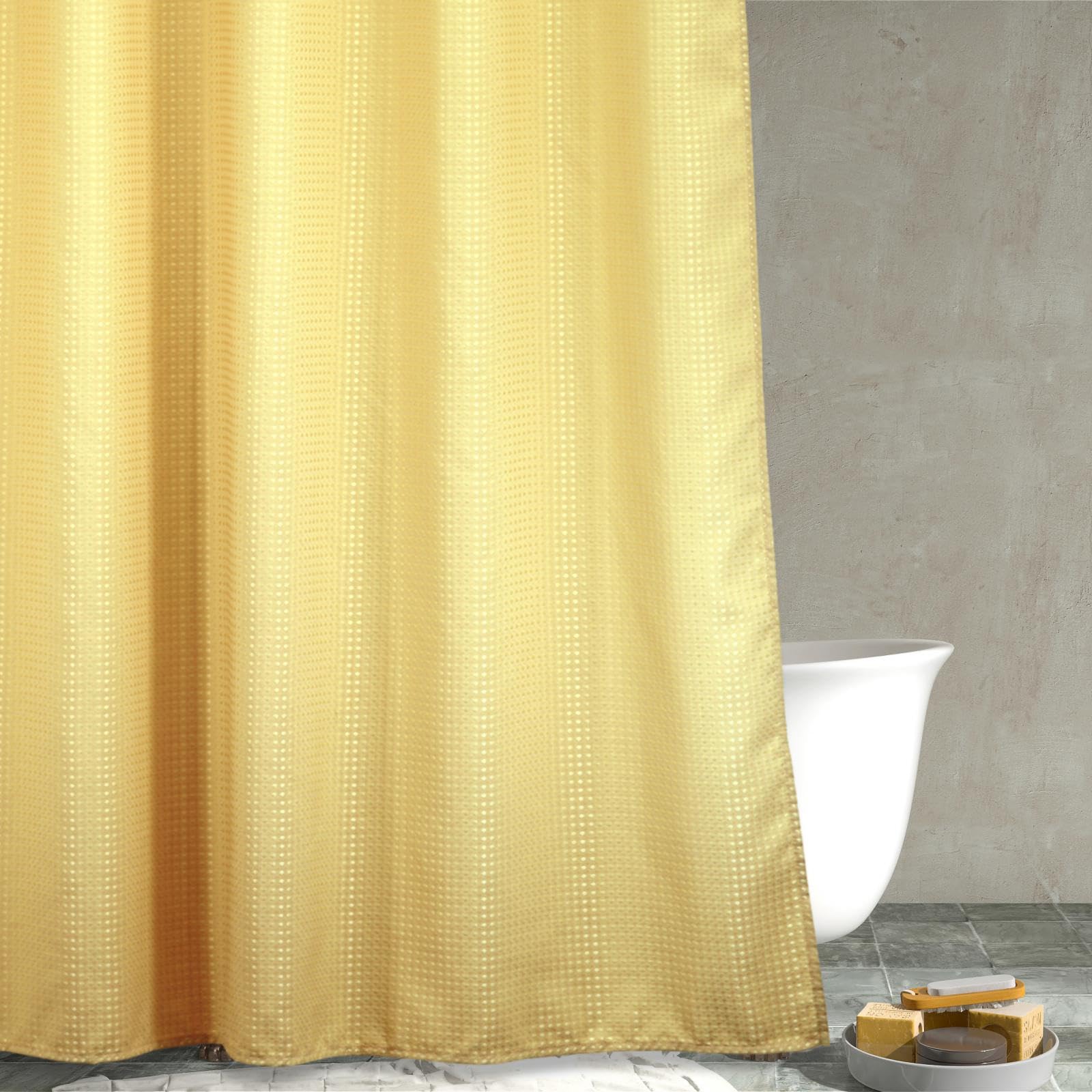 Popkozzi Yellow Waffle Weave Shower Curtain: Heavy Duty Textured Fabric Shower Curtains for Bathroom - Water Repellent Washable Thick Polyester Cloth