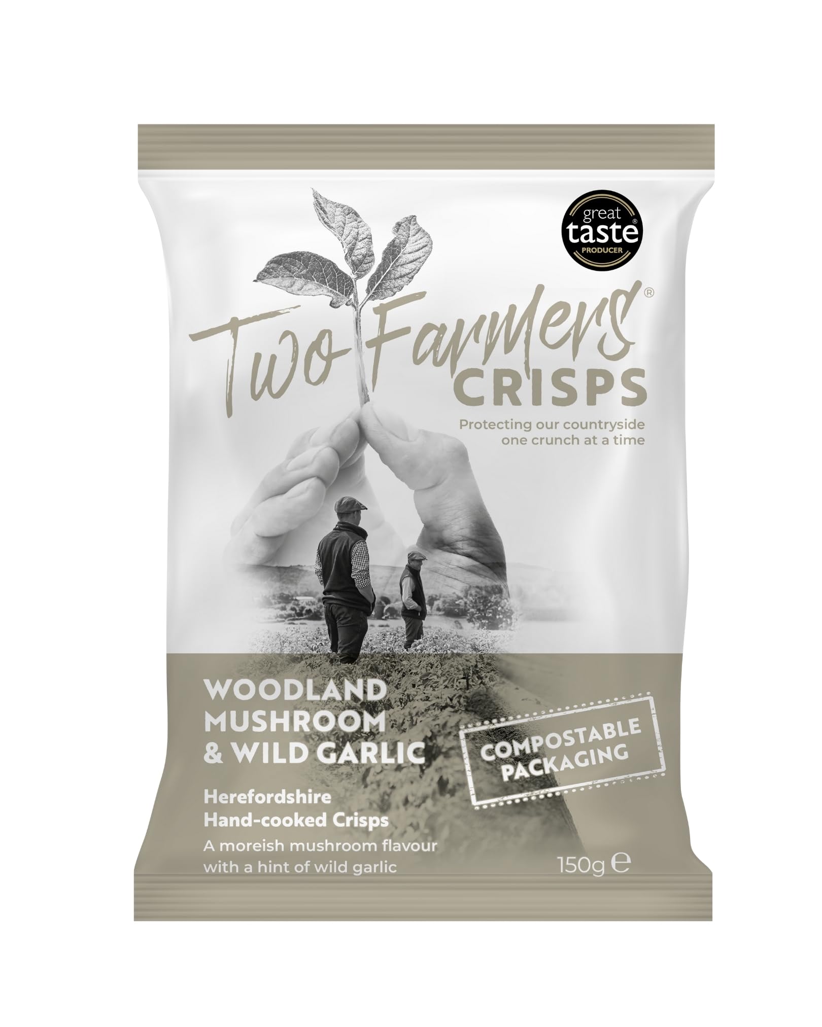 Two Farmers Crisps, Woodland Mushroom & Wild Garlic Hand Cooked Crisps, Vegan and Vegetarian, Gluten Free, 100% Compostable Bags, 12 x 150g