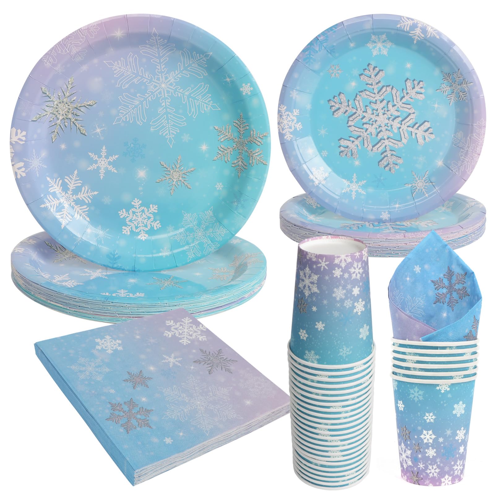 Party Go 96pcs Snowflake Tableware Set Winter Wonderland Disposable Tableware Plates with Napkins Cups for Christmas Holiday New Year Frozen Theme