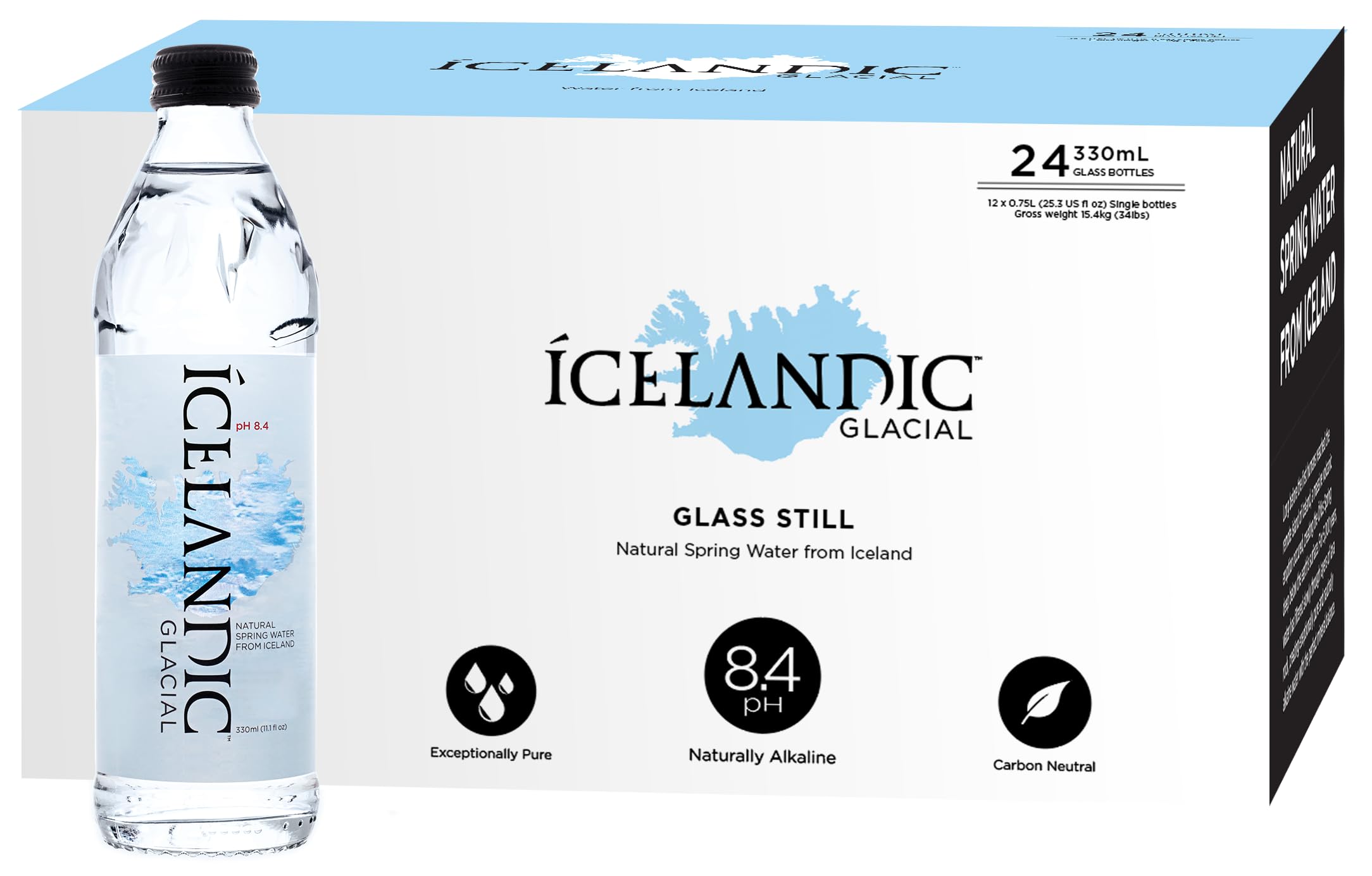 Icelandic Glacial Premium Still Water 330ml Glass Bottles x 24 Per Pack ? Alkaline/Low PH, Recycled Packaging, BPA Free, Carbon Neutral from Icelandic
