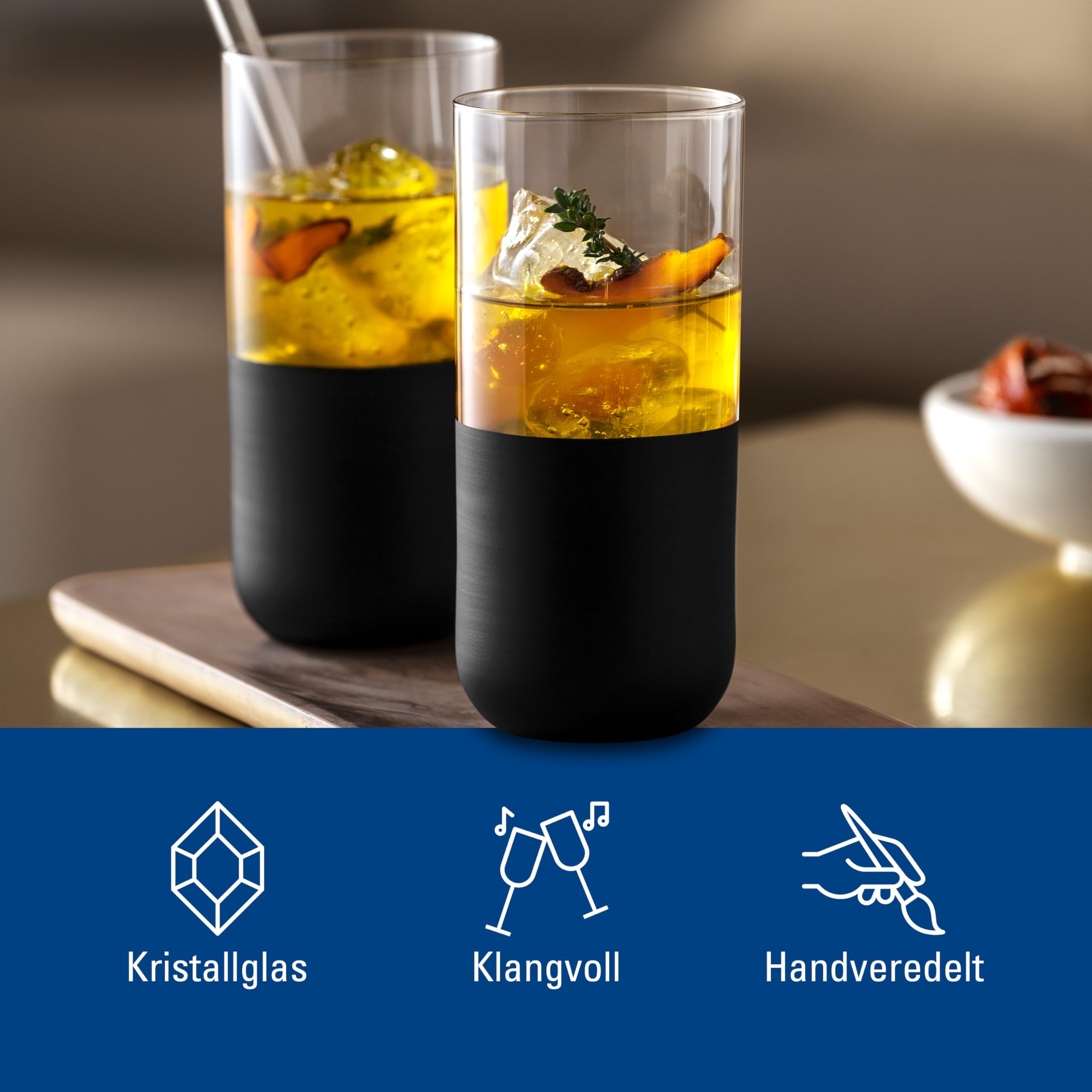 Villeroy & Boch Manufacture Rock Long Drink Glass Set, 4 pces, Crystal Glass with matt Black Base, Capacity 300 ml
