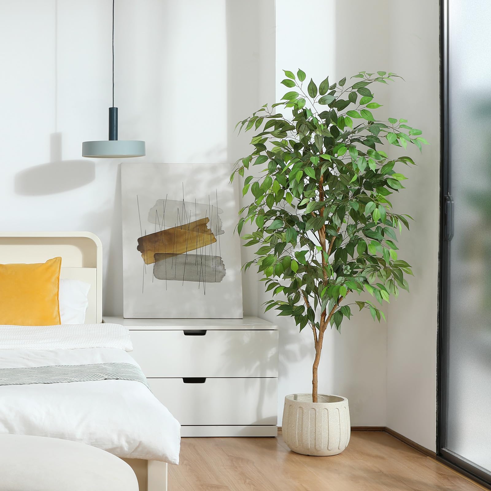 Fopamtri Artificial Ficus Plant 150 cm Large Fake Plants Indoor with Natural Wood Trunk, Fake Potted Ficus Tree for Home Bedroom Office Balcony Garden