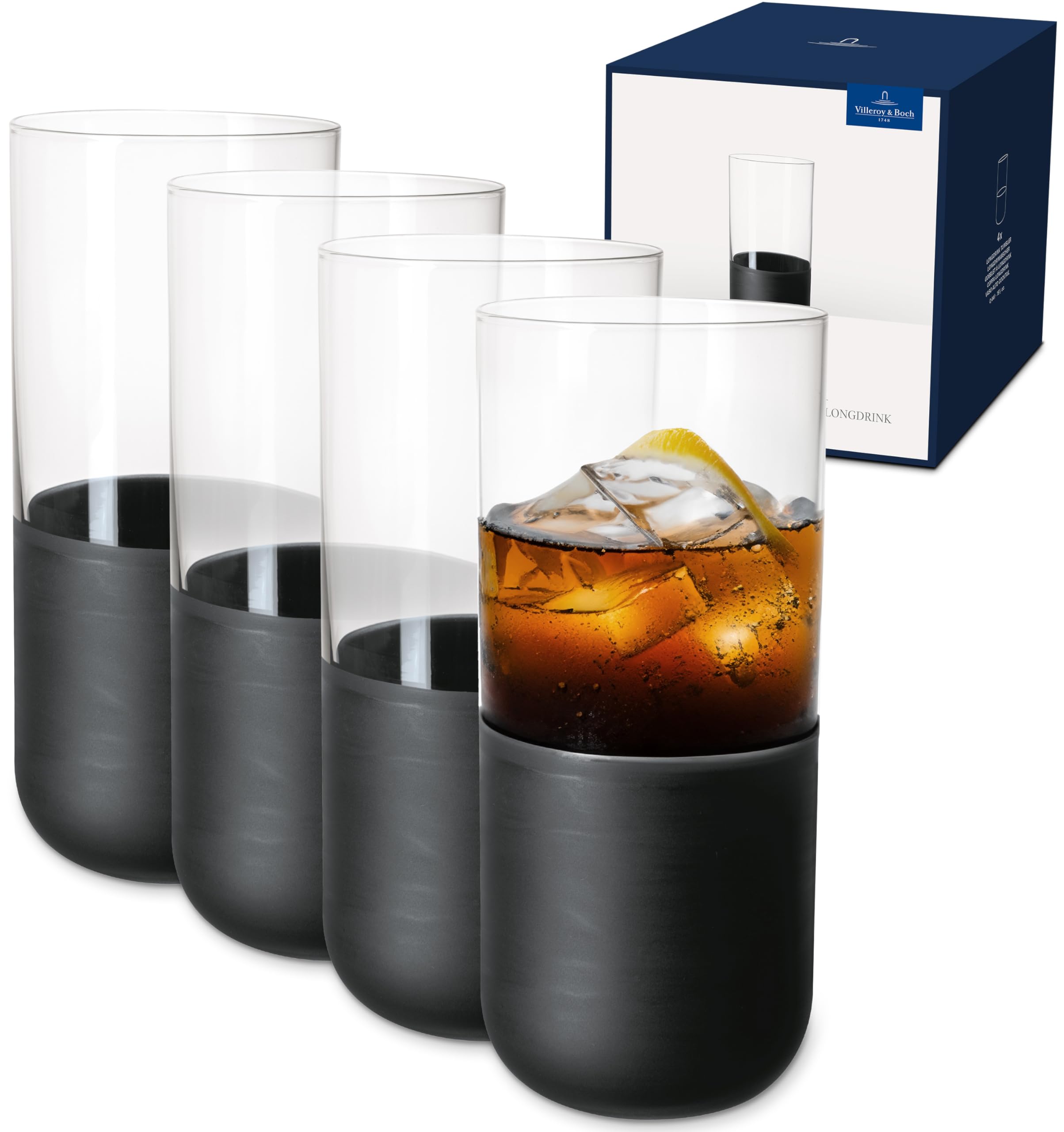 Villeroy & Boch Manufacture Rock Long Drink Glass Set, 4 pces, Crystal Glass with matt Black Base, Capacity 300 ml