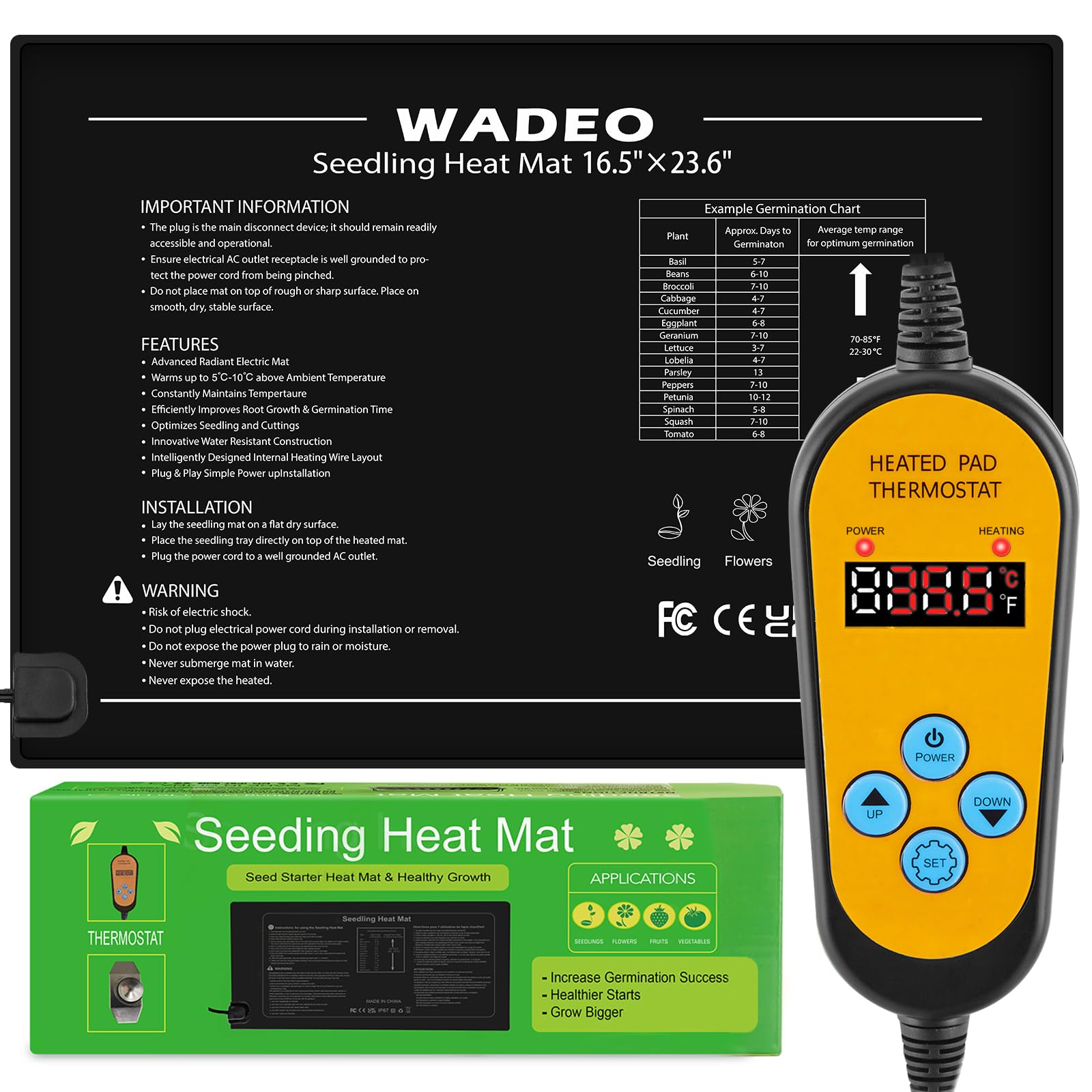 WADEO Large Heat Mat for Plants 60 X 42cm, 50W Seedling Heat Mat with Thermostat 5 to 45?C, Waterproof & Durable Plant Heat Mat, Heated Propagator for