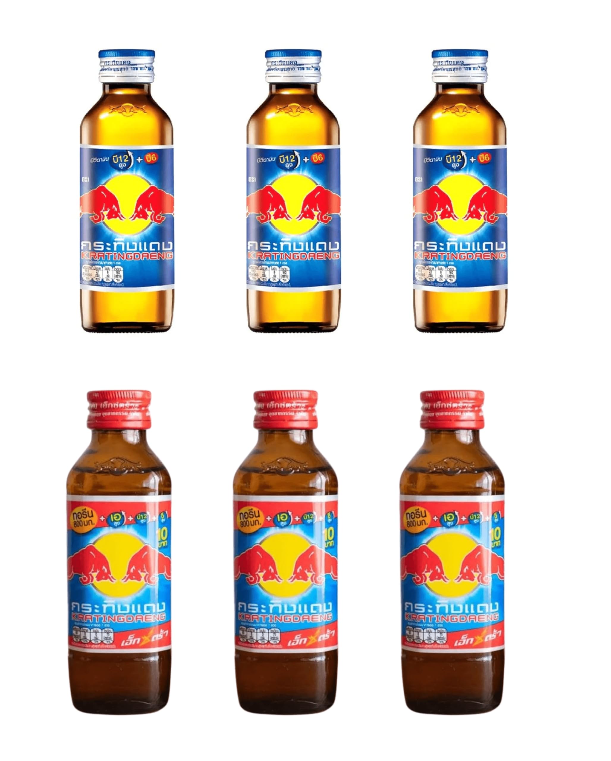 Krating Daeng 150ml Energy Drink Original Red Bull | 3x Blue Cap & 3x Red Cap (Pack of 6) | from Thailand