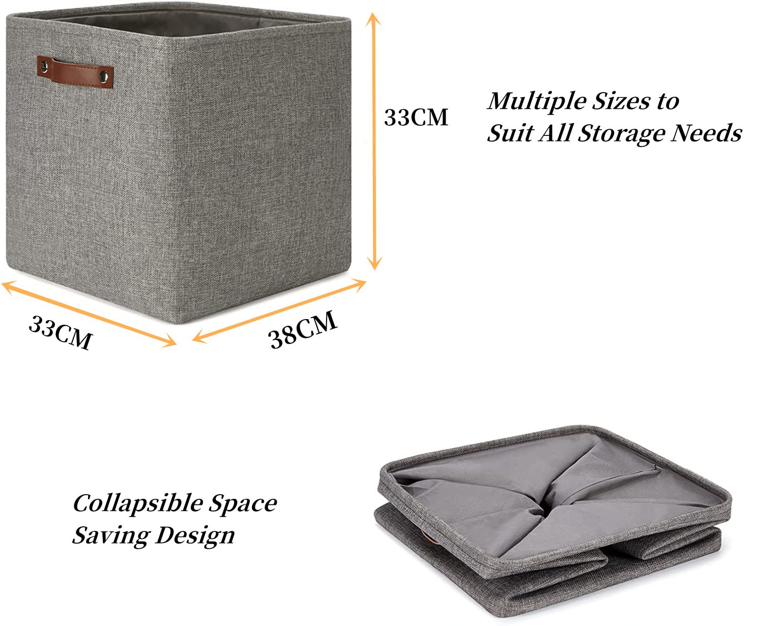 Mangata Collapsible Storage Cube Boxes, Linen Woven Fabric Storage Baskets, Cube Closet Organizer with Leather Handles (Grey)