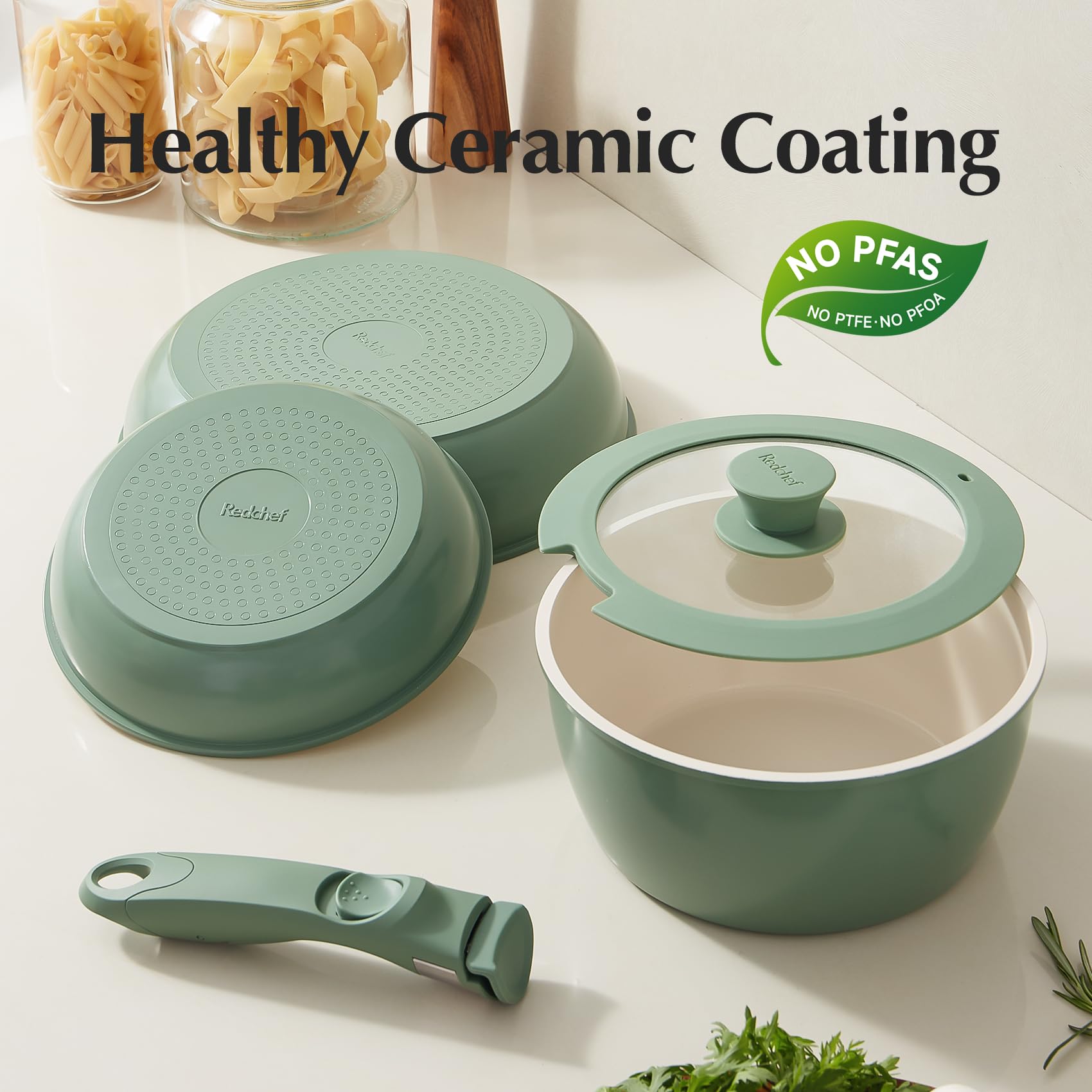 Redchef Ceramic Cookware Set, Removable Handle Pots and Pans Non Stick, Rv Cookware Set, Non Toxic Detachable Pots and Pans Set No PFAS & PTFE & PFOA,