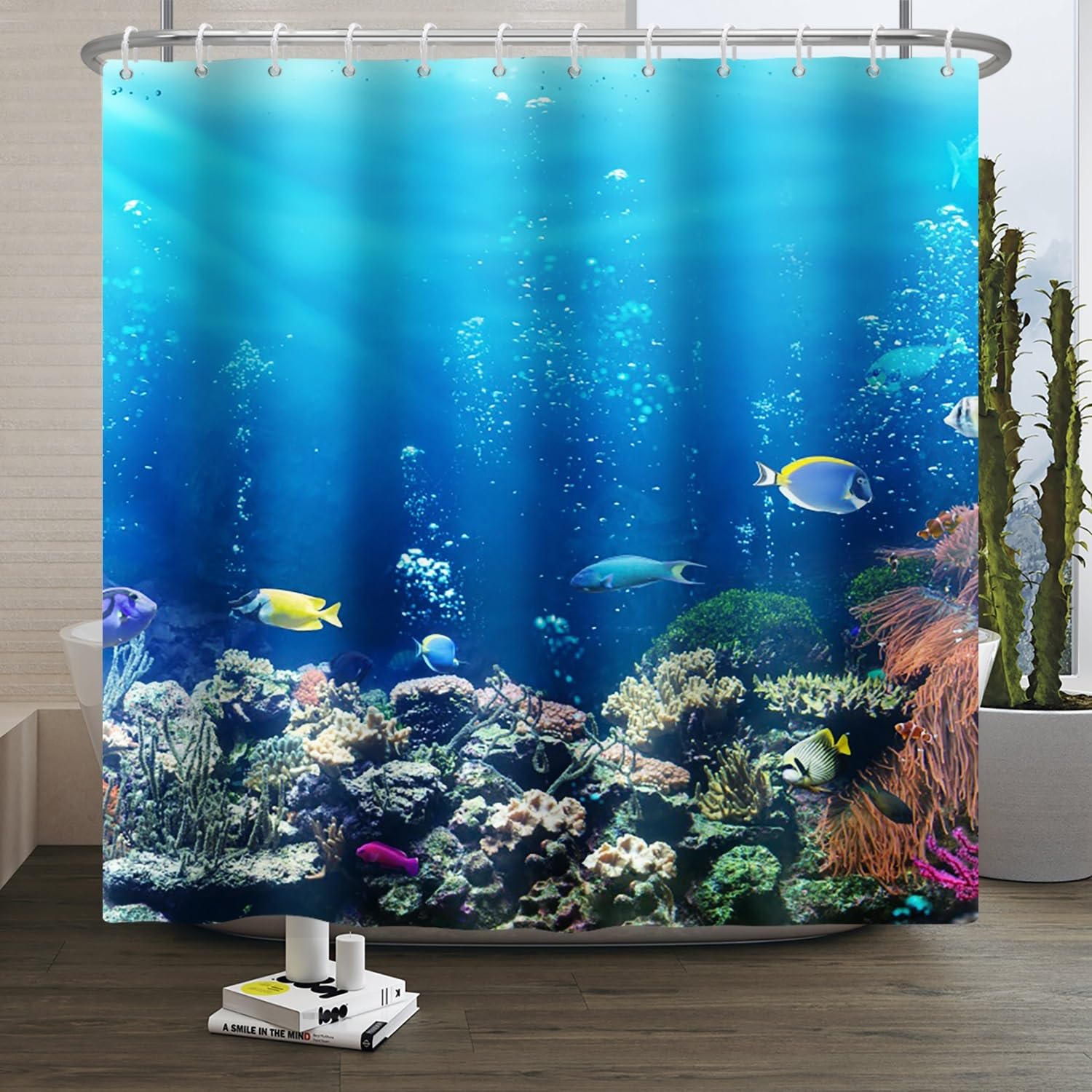Xiaoterna Ocean Shower Curtain 180x200cm Blue Marine Life Pattern Coastal Nautical Theme Polyester Waterproof Quick-Dry Machine Washable Bathroom