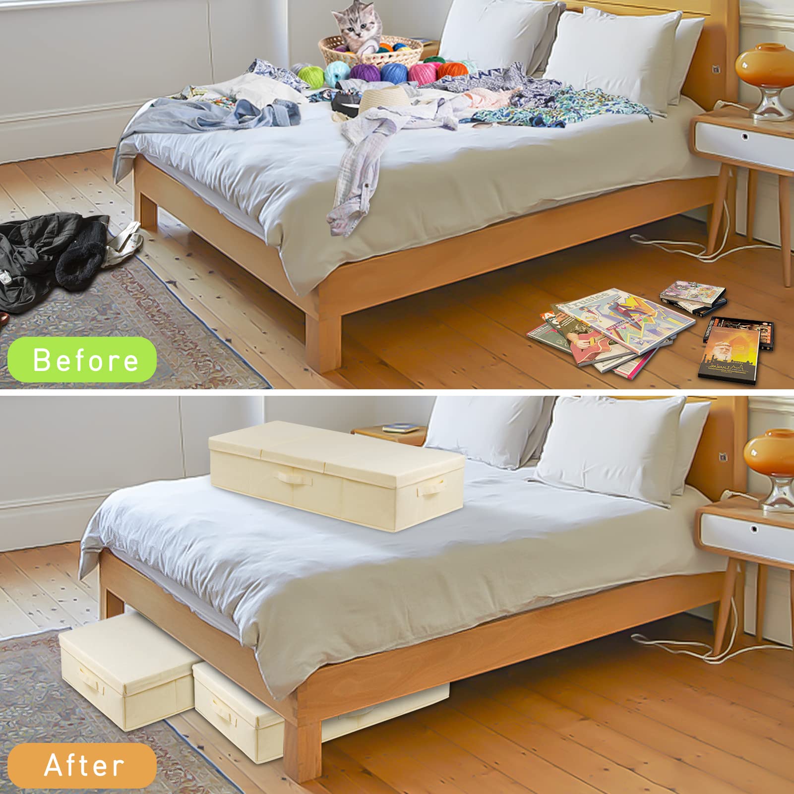 Underbed Storage, 2 Pack Large Under Bed Storage Box with Lids, Foldable Under Bed Clothes Storage Box W/ Handle, Under Bed Storage Organiser Drawer