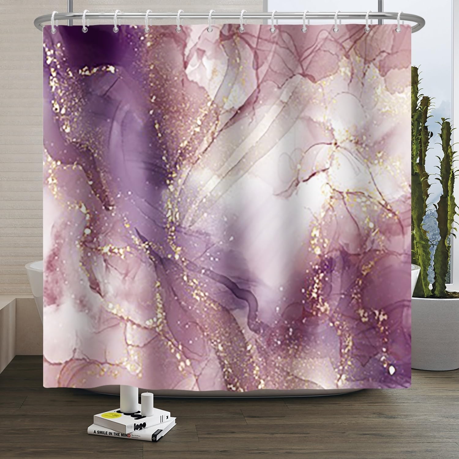 Xiaoterna Marble Shower Curtain Purple Gold Splatter Textile Bathroom Curtain Mixed Purple White Gold Splatter Colourful Marble Shower Curtain Machine