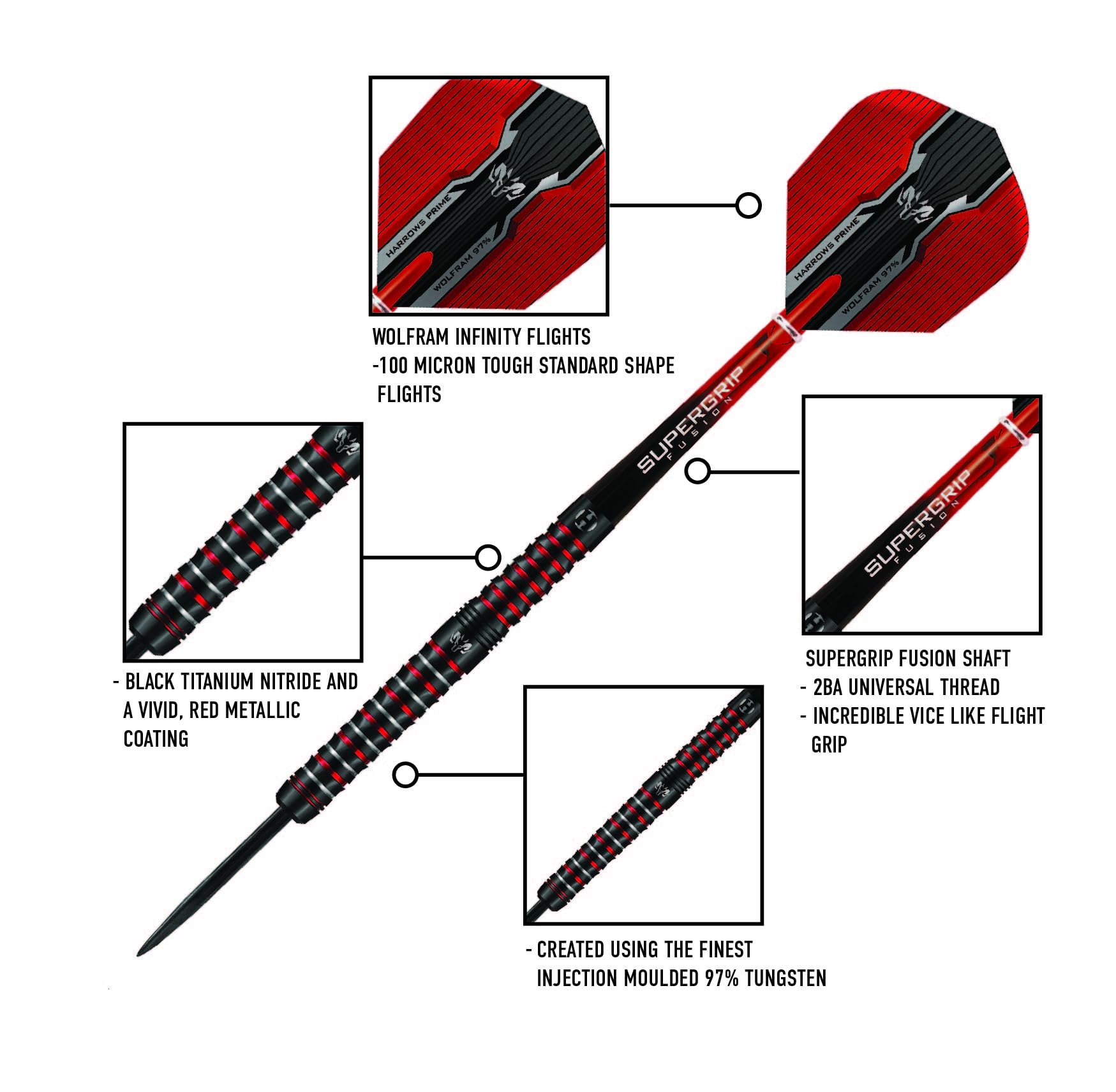 Harrows Wolfram Infinity Steel Tip Tungsten Darts Set 21g, 22g, 23g & 24g - Includes Supergrip Fusion Shafts & Prime Wolfram Infinity Flights (24g)