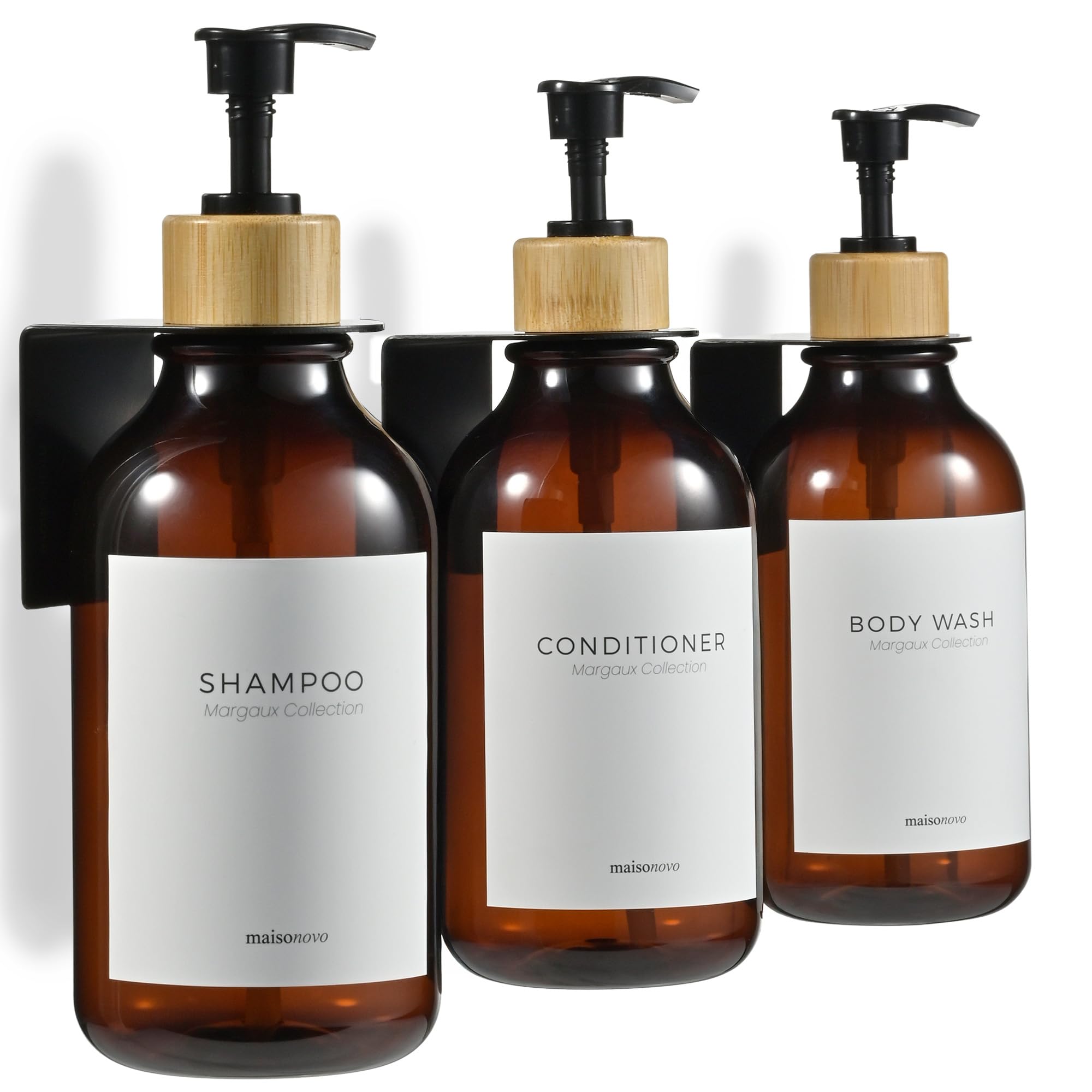 MaisoNovo Shampoo and Conditioner Dispenser - Set of 3 Shower Soap Dispensers Wall Mounted - 500ml Amber Plastic Bottles with Black Bamboo Pump - No