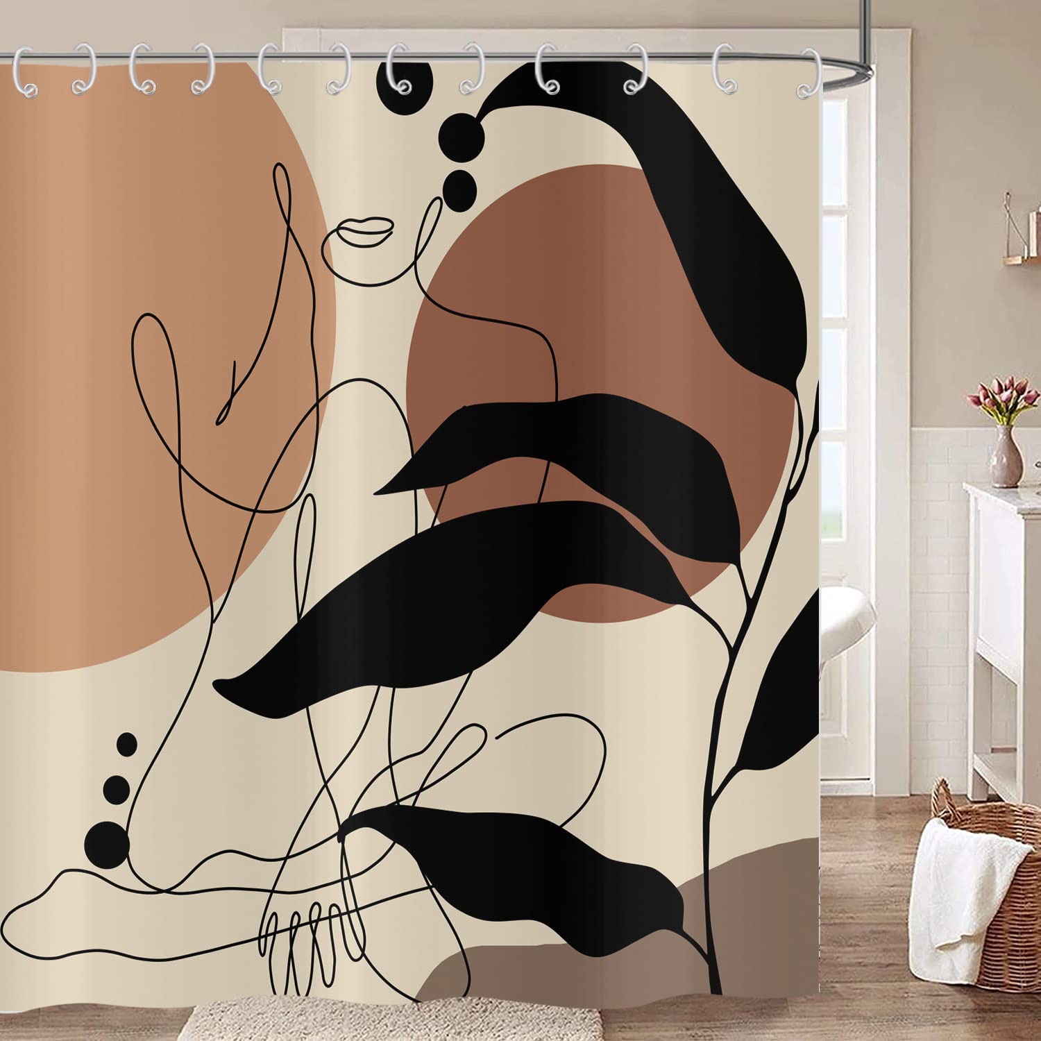 Abstract Woman Shower Curtain 180x200, Hnmdmyi Boho Mid Century Black Leaves Minimalist Line Shapes Modern Aesthetic Art Bathroom Curtains Waterproof