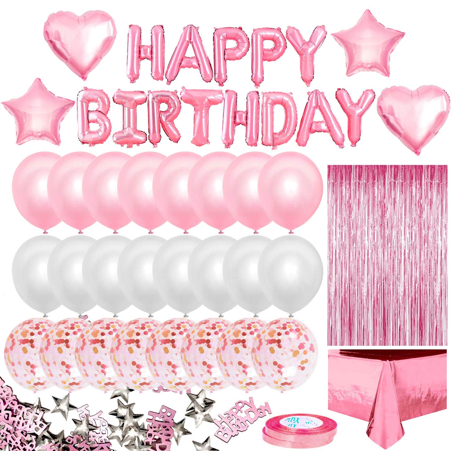 iZoeL Pink Birthday Party Decoration for Girls Happy Birthday Banner Baloons Fringe Curtain Foil Tablecloth Heart Star Foil Confetti Balloons and 10g