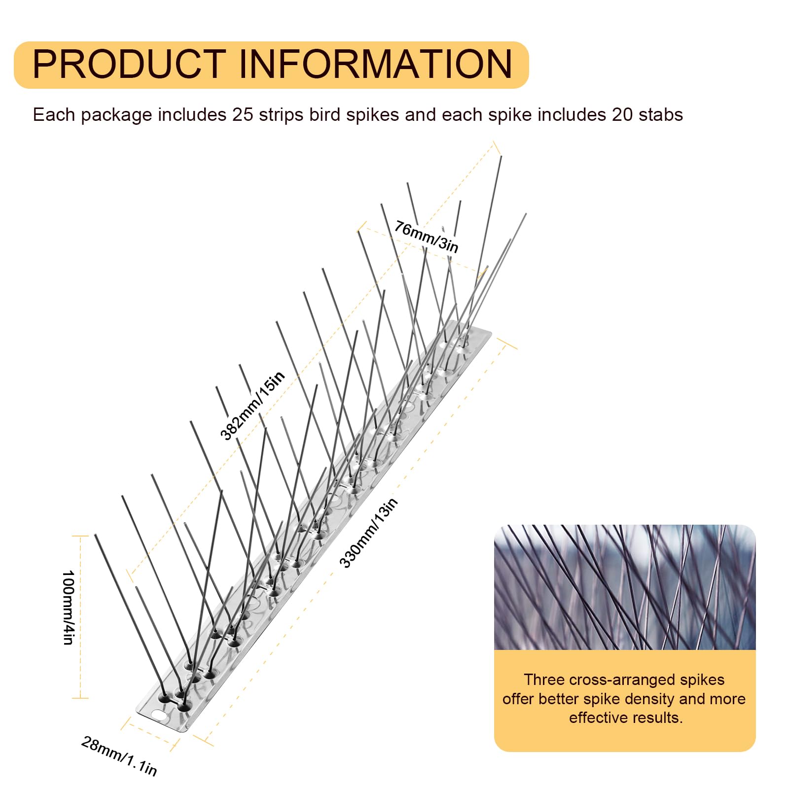OFFO Bird Spikes with Stainless Steel Base,Cover 8.25m Pigeon Spikes for Roofs and Windows,Bird Deterrent Spikes Set for Deterring Crows,Seagulls and