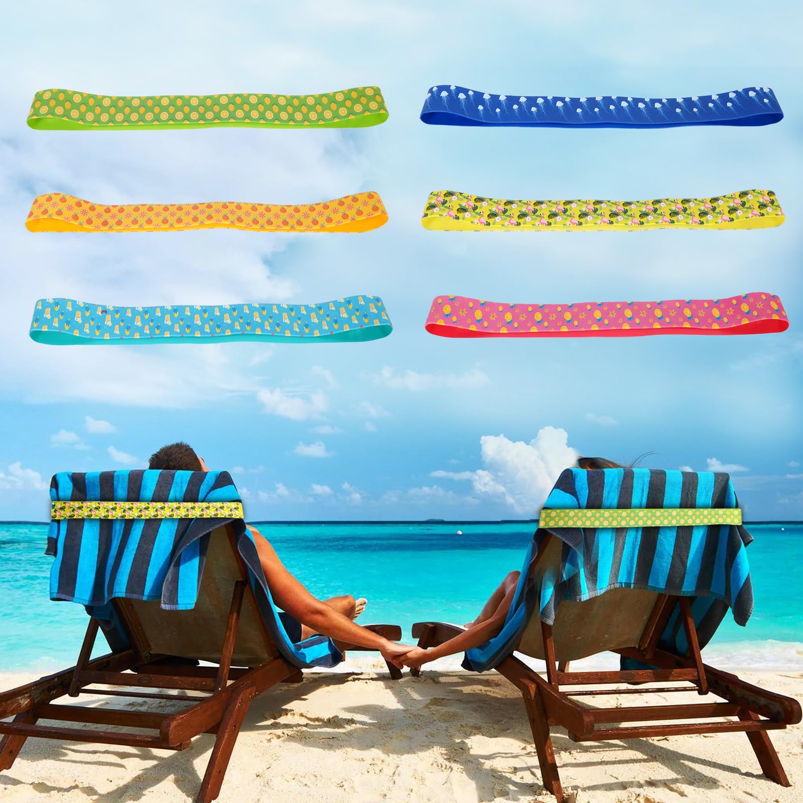 Kaket Elastic Beach Chair Clips Bands 6PC, Beach Towel Holder Rubber Elastic, Beach Chair Bands for Towel, Beach Chair, Pool, Cruise Chairs (6 PCS,