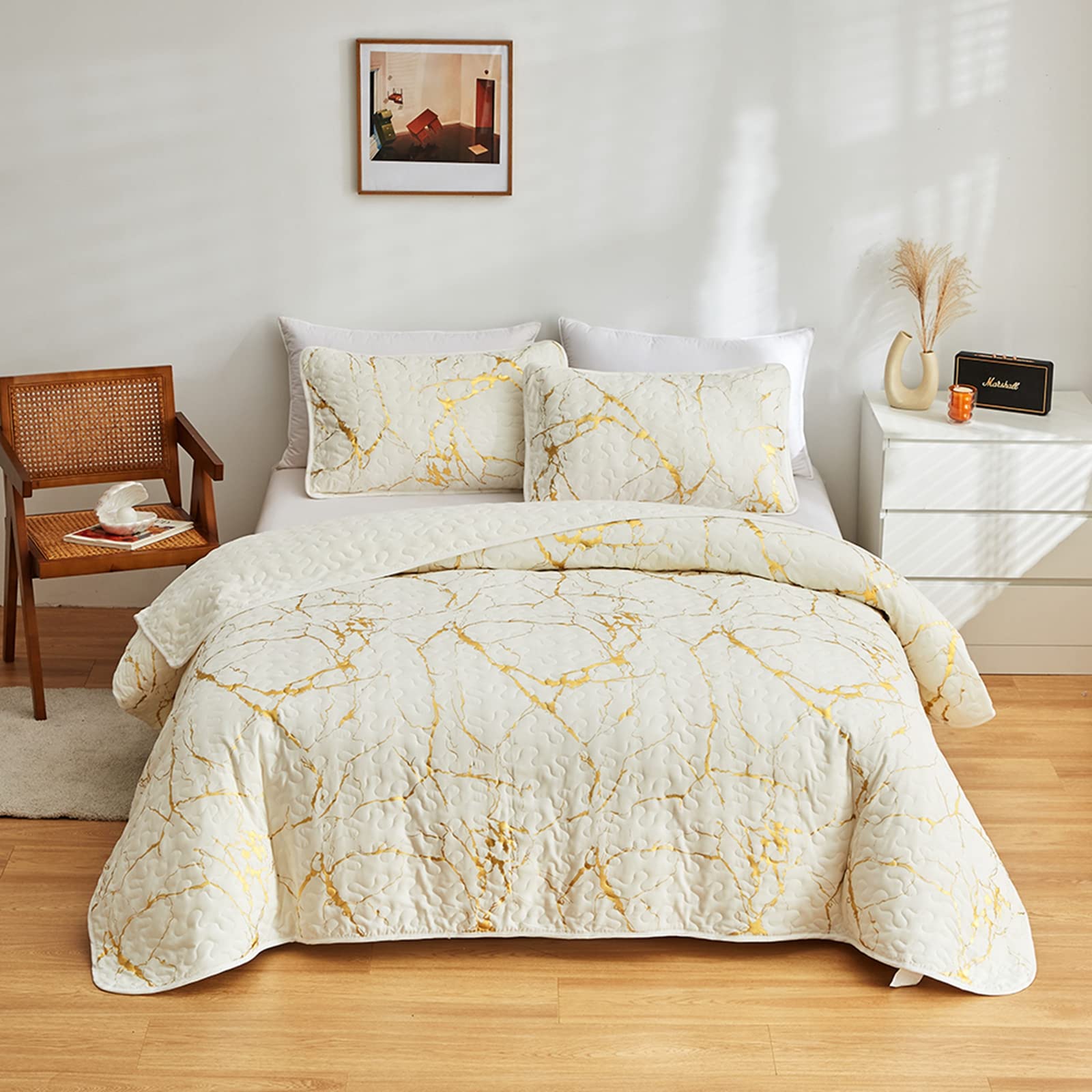 HAVOP Bedspread King Size Set Beige Quilted Bedspreads Luxury Gold Marble Printed Beige Ivory Soft Microfiber Lightweight Bedspread Coverlet All