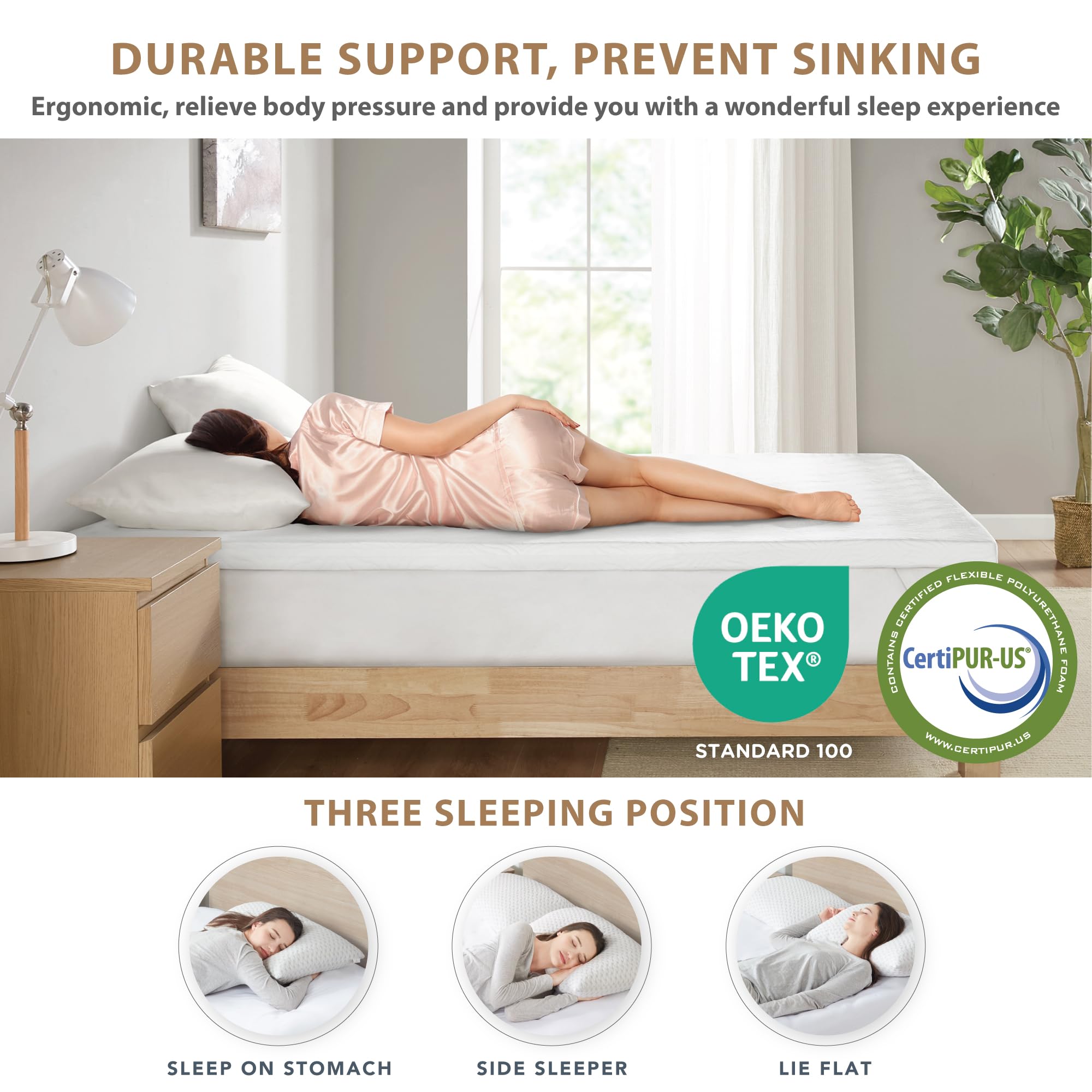 Degrees of Comfort 2 Inch Thick Memory Foam Mattress Topper Double Bed Soft Bamboo Cover for Back Pain, Mattress Topper with Anti-Slip Removable