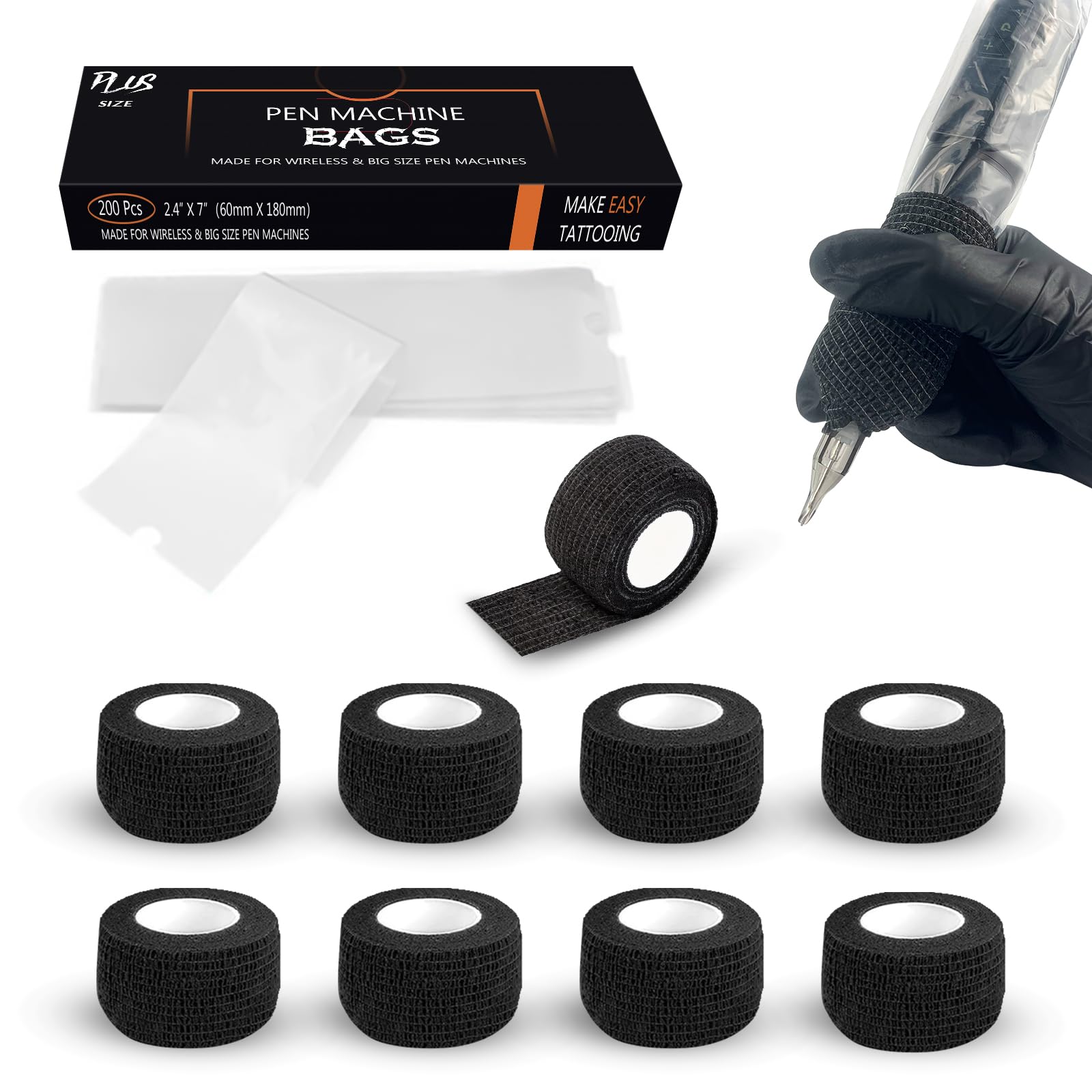 EZ Tattoo Machine Covers with Grip Tapes - 9PCS (1inch x 5 Yard) Grip Wrap with 200pcs (2.4 inch X 7 inch) Disposable Pen Covers