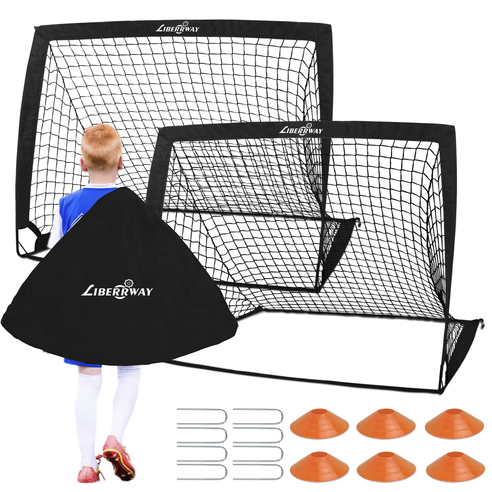 Football Goals for Kids, 4'x 3' Foldable Football Net Set of 2 Post with 6 Football Cones, 8 U-shaped Steel Nails and Carry Bag, Football Training