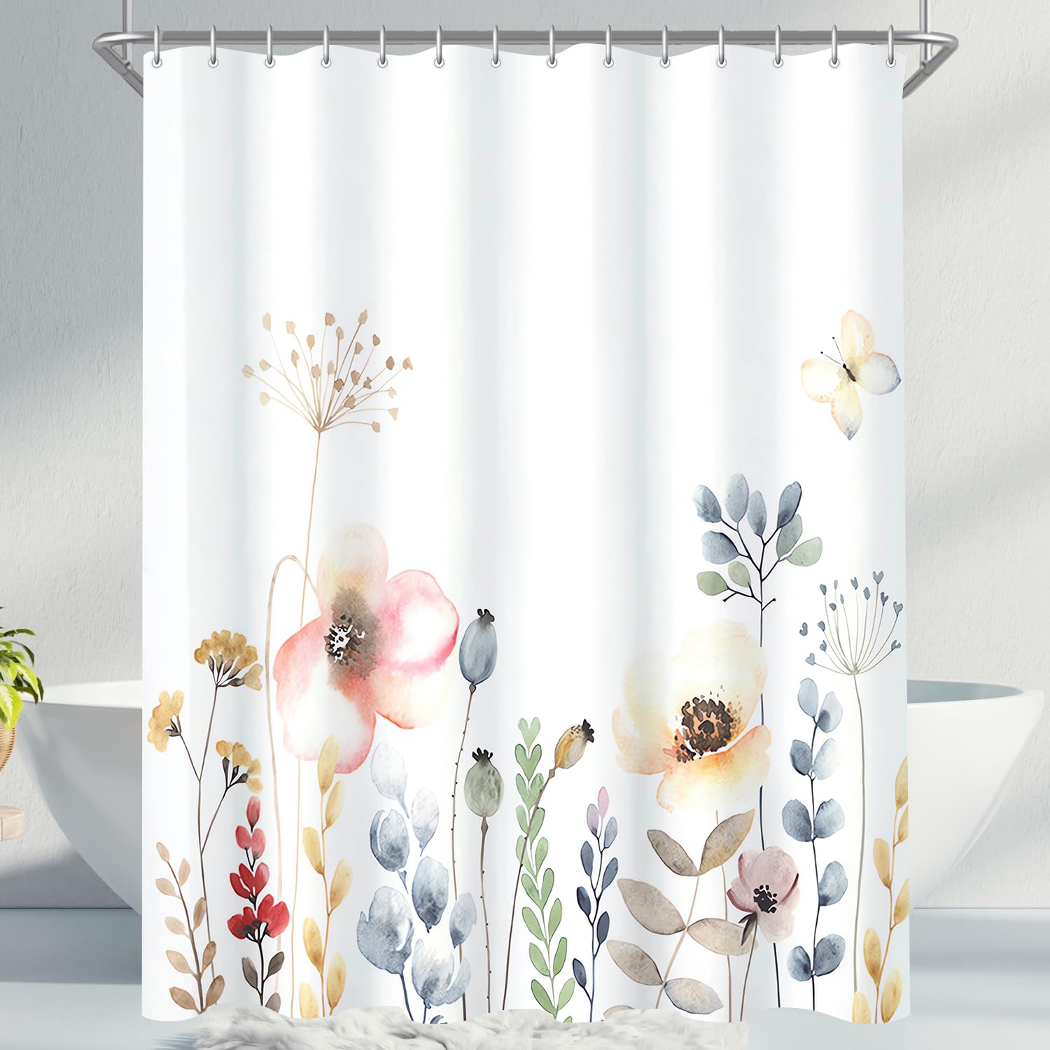 Lerores Shower Curtain, 180 x 160 cm, Flower Plant Weighted Hem, Anti-Mould Textile, Water-Repellent, Washable Polyester Fabric Bath Curtains for