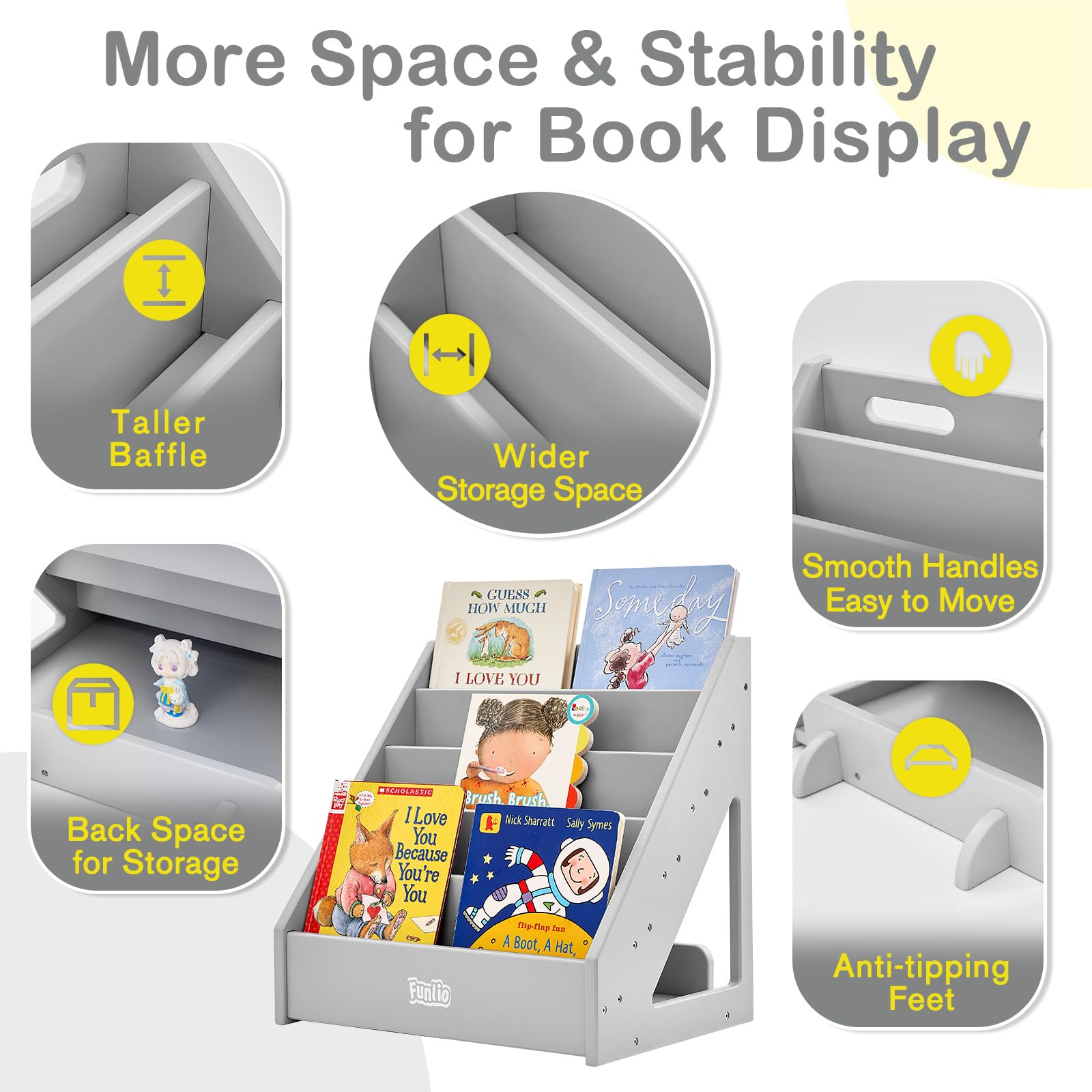 FUNLIO Montessori Bookshelf for Toddlers 1-5 Years, Front-Facing Kids Bookshelf with Handle & Anti-Tilting Device, Premium Pine Baby Bookshelf,