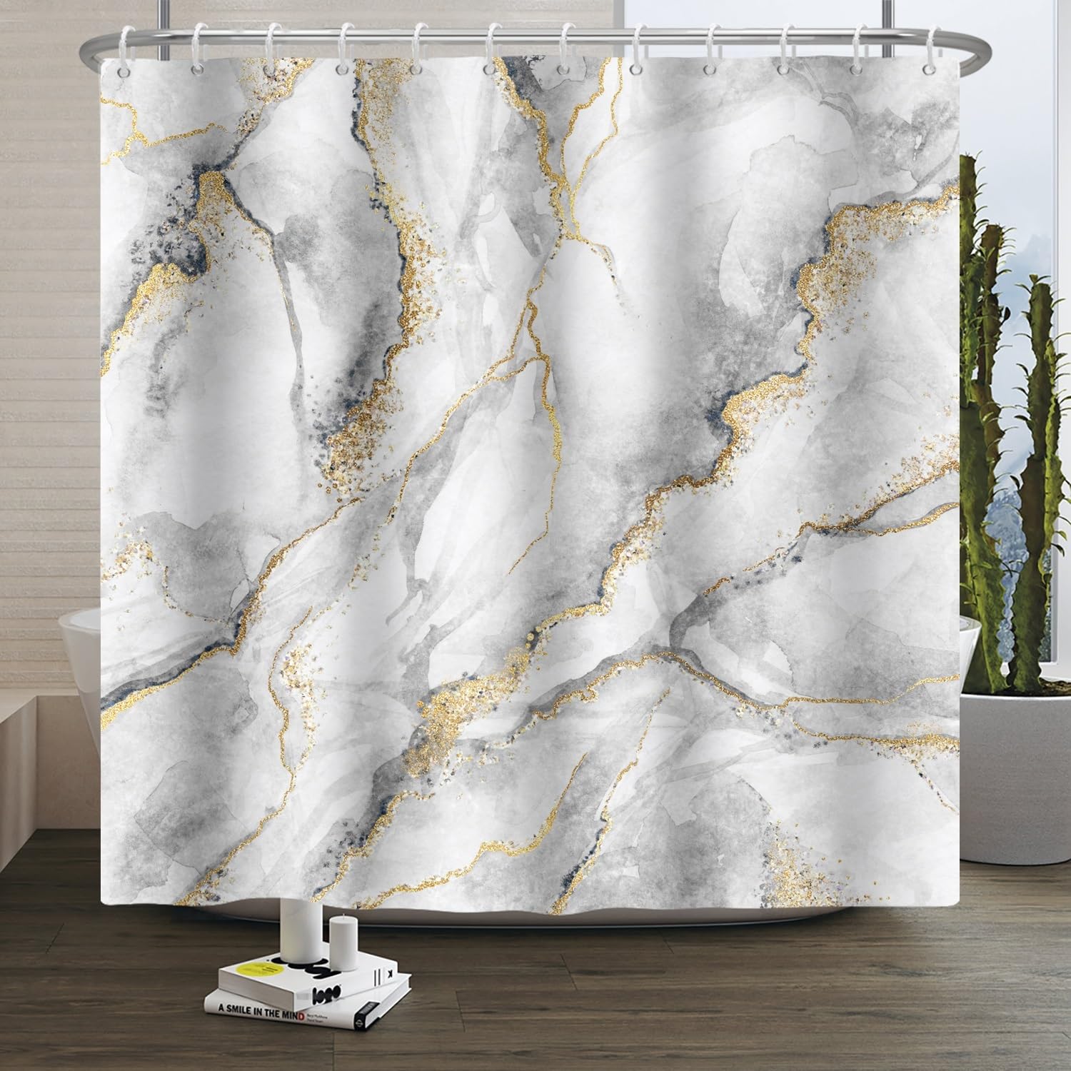 Xiaoterna Marble Shower Curtain 3D Grey Gold Bathroom Curtain Luxury Modern Abstract Grey Marble Golden Dots Water Repellant Machine Washable Shower