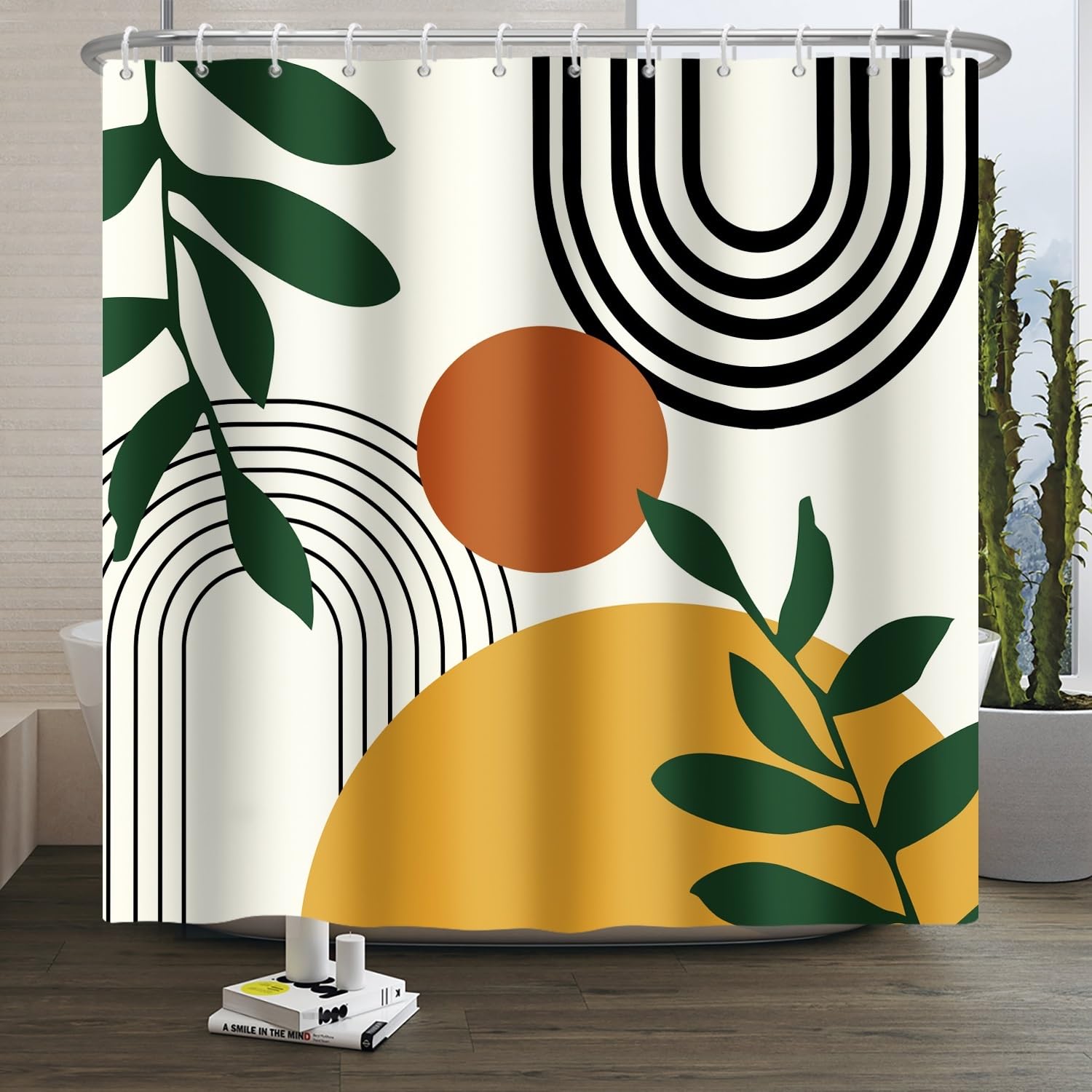 Xiaoterna Boho Sun Line Shower Curtain Leaves Sun Lines Arch Beige Bathroom Curtain Abstract Shower Curtain Mould Mildew Resistant Shower Curtain