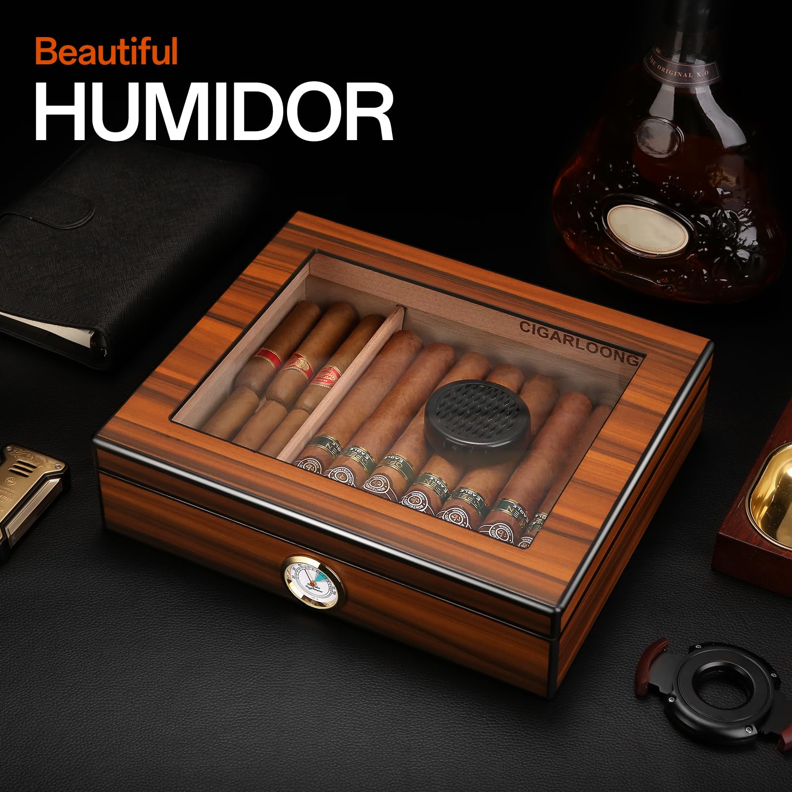 CIGARLOONG Cigar Humidor Brown 20-25 Desktop Cedar Wood Lined Cigar Storage Box with Hygrometer and Humidifier