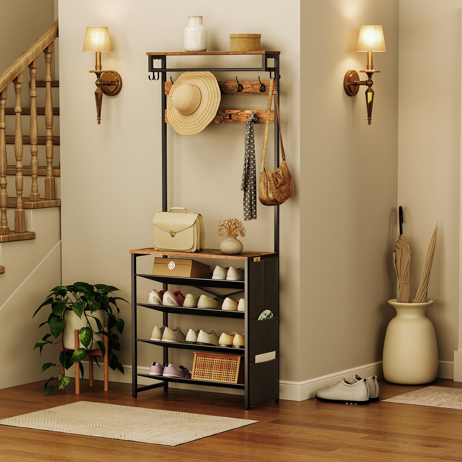 HOOBRO Coat Stand, Coat Rack with Shoe Storage, Hall Tree with Tiltable Mesh Shelves, 4 Removable Hooks, Side Storage Pocket, Shoe and Coat Rack for