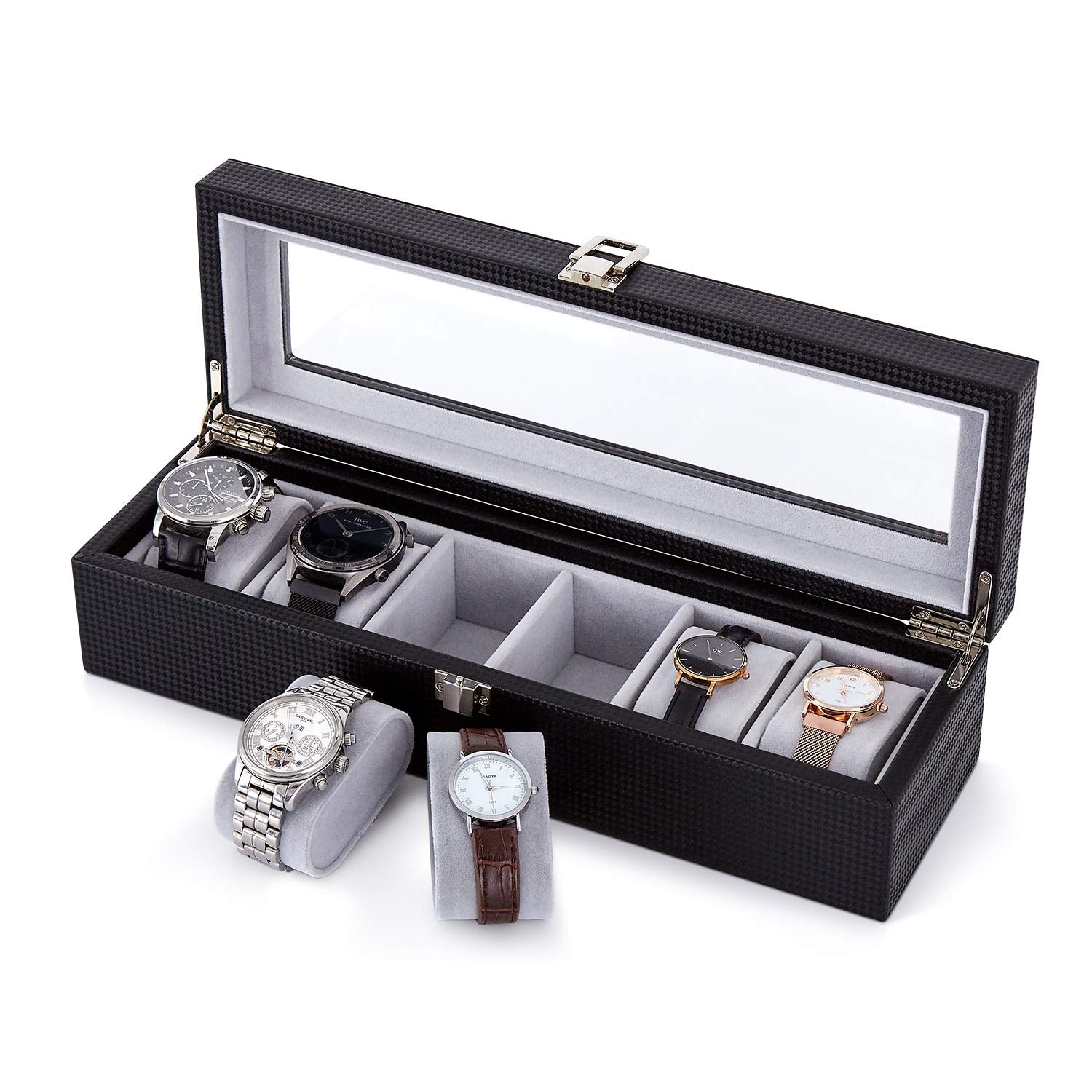 Mondeer Watch Box, Watch Display Organizer, Watch Storage with Glass Lid, Grey Velvet Lining, Lockable with Silver Metal Clasp, 6 Slots,