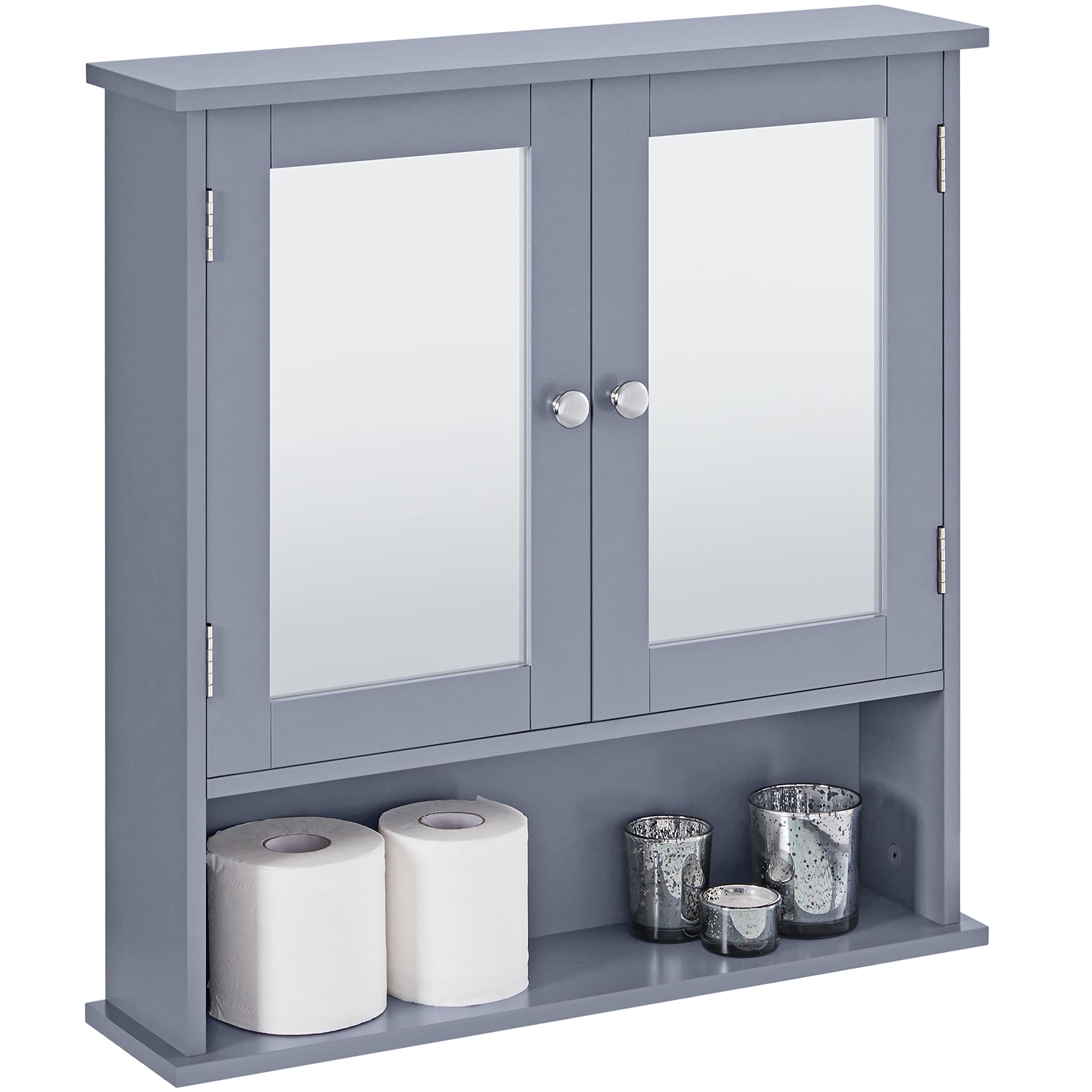 Yaheetech Bathroom Mirror Cabinet Wall-Mounted Storage Cabinet Modern Toilet Cupboard Storage Unit with Double Mirror Doors Adjustable Shelf, Grey,