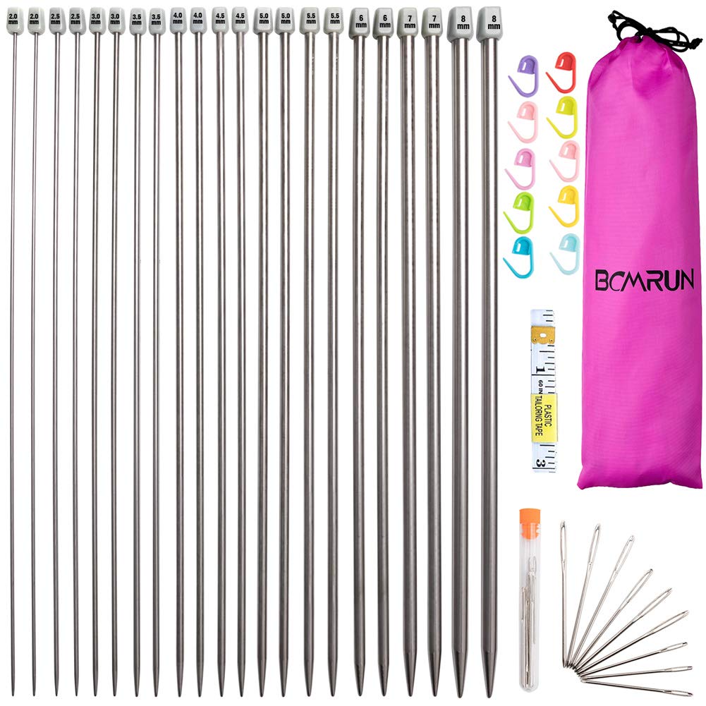 BCMRUN 22 Pieces 2.0mm (B)-8mm (Length) Stainless Steel Single Pointed Knitting Needles (11 Pairs, 11 Sizes, 14 Inch) with Large Eyelet Sewing Needles