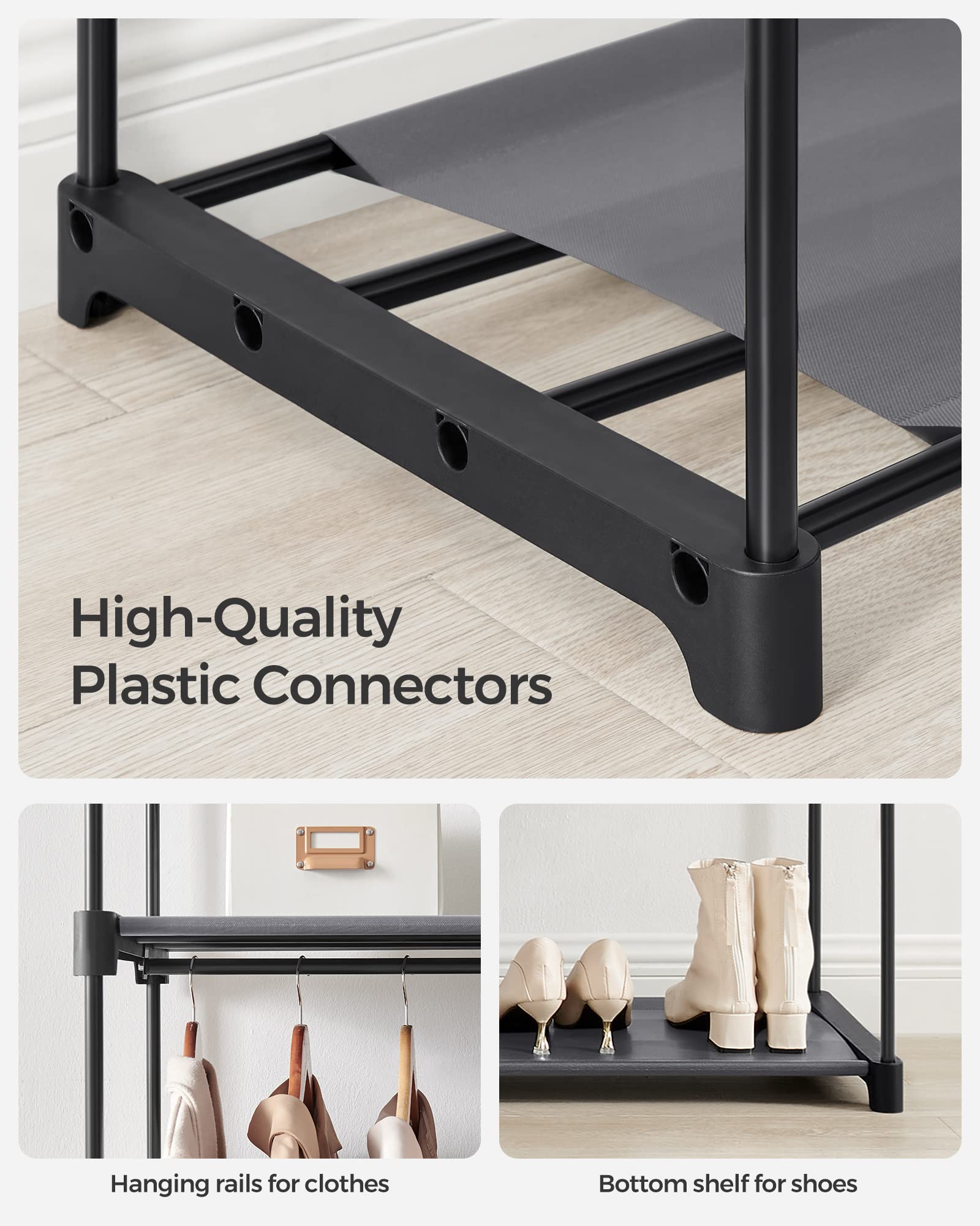 Songmics RYG02GY Wardrobe with 2 Clothes Rails, Clothes Storage, Fabric Wardrobe, Clothes Rack, Folding, for Dressing Room, Bedroom 43 x 140 x 174 cm,