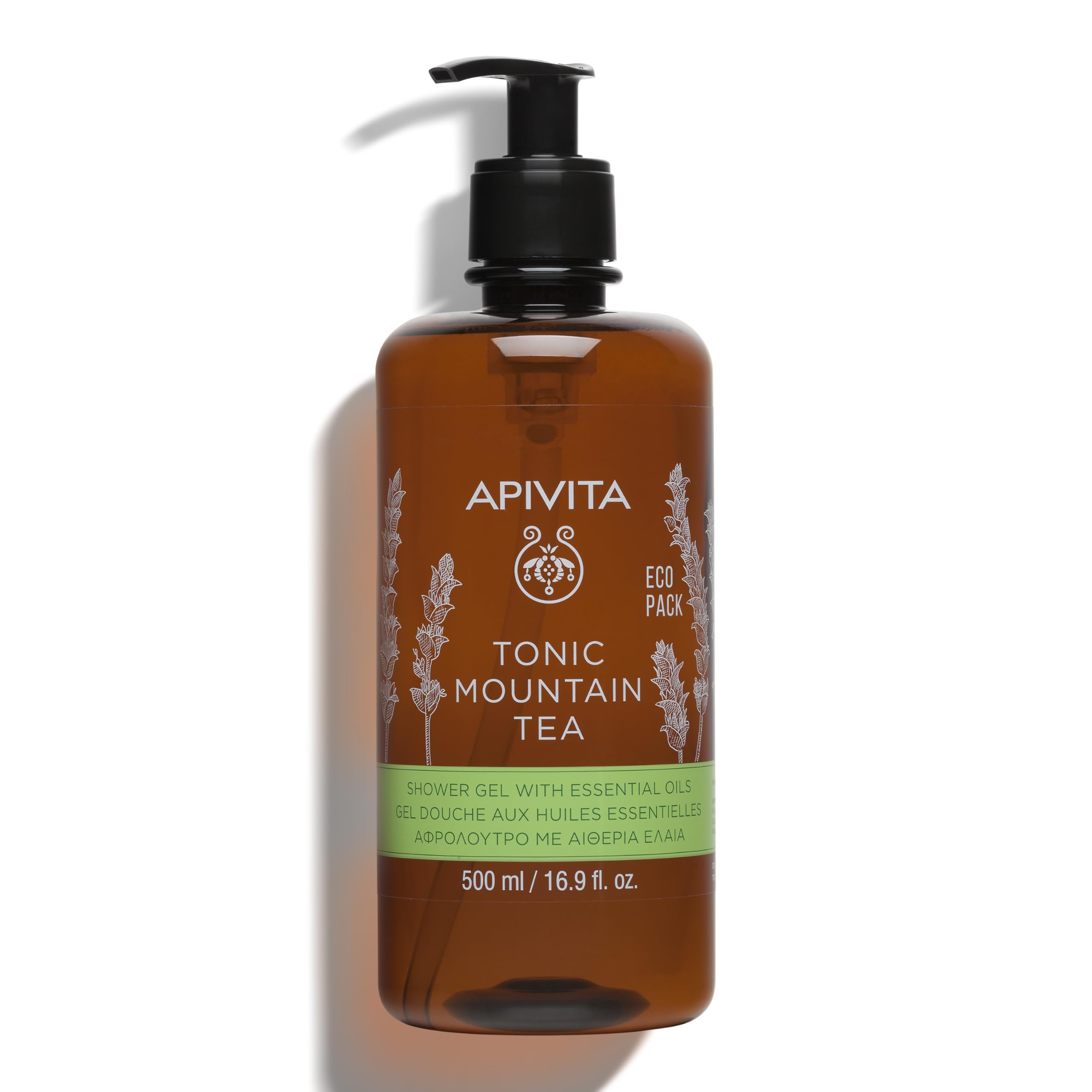 Apivita Tonic Mountain Tea Shower Gel 500ml - Body Shower Gel Body with Mountain Tea, Propolis & Essential Oils - Gently Cleanses & Revitalizes