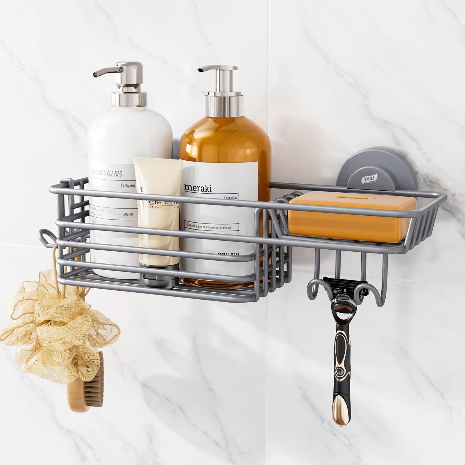 TAILI Shower Caddy Suction Cup with Hooks & Soap holder Heavy Duty Bathroom Shower Organizer No Drilling Bathroom Shelves for Inside Wall Mounted
