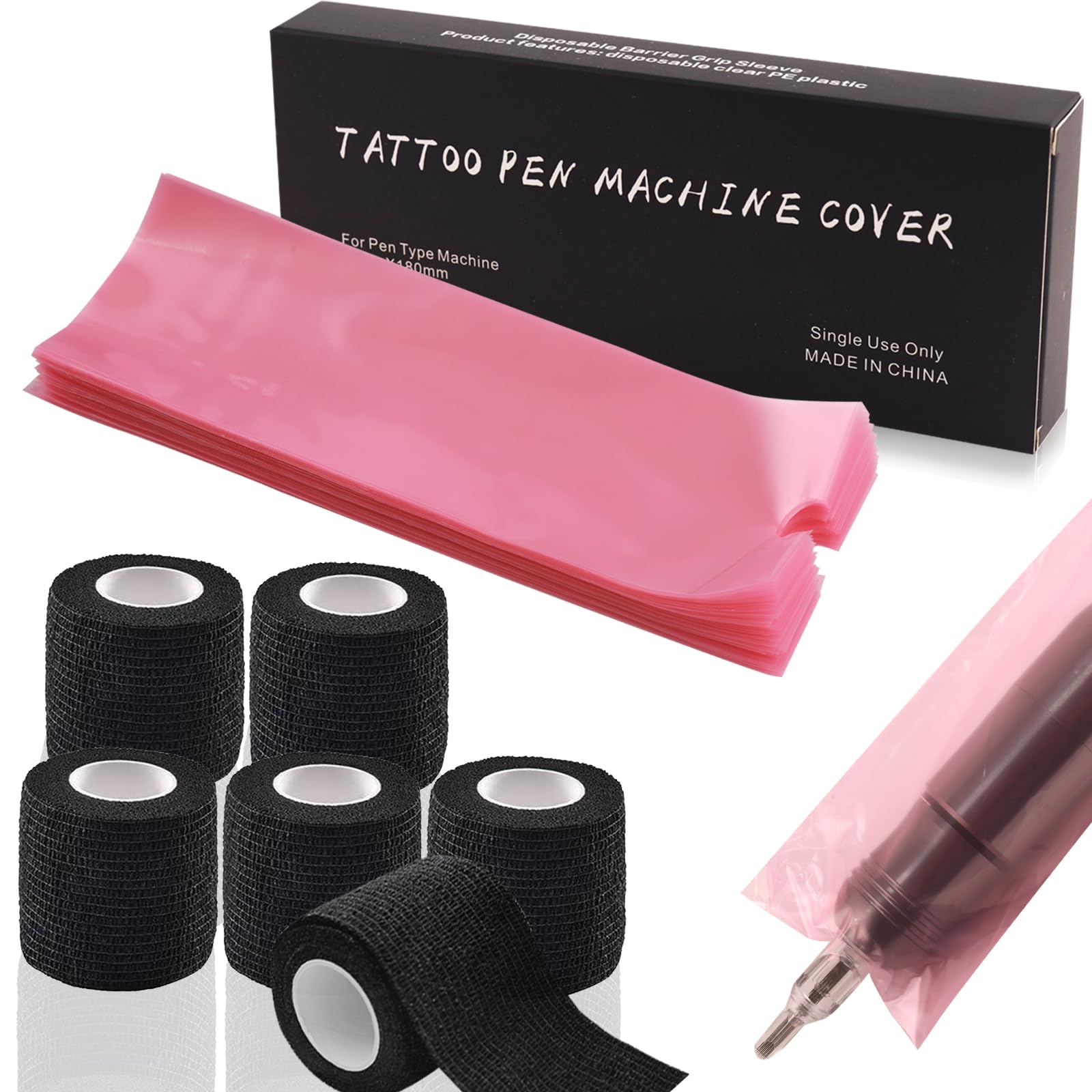 Tattoo Grip Tapes and Pen Covers - Emalla 200PCS Pink Pen Machine Bags and 6Pcs Self-adhesive Bandage Covers Grip Tapes for Tattoo Supplies