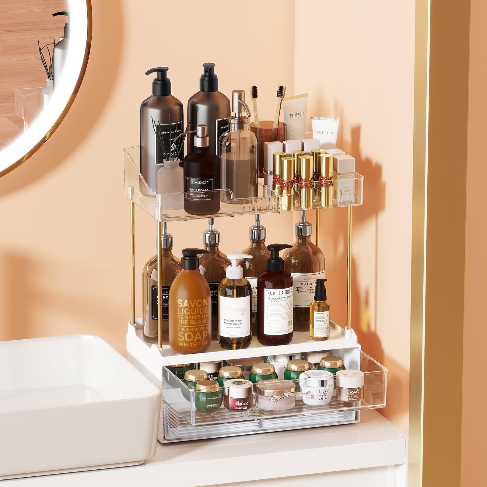 KHNR 2-Tier 2-Drawer MakeupOrganiser Countertop, Multi-Purpose Large Vanity Organisers, Large Bathroom & Skincare, Exquisite Vanity Organizer for