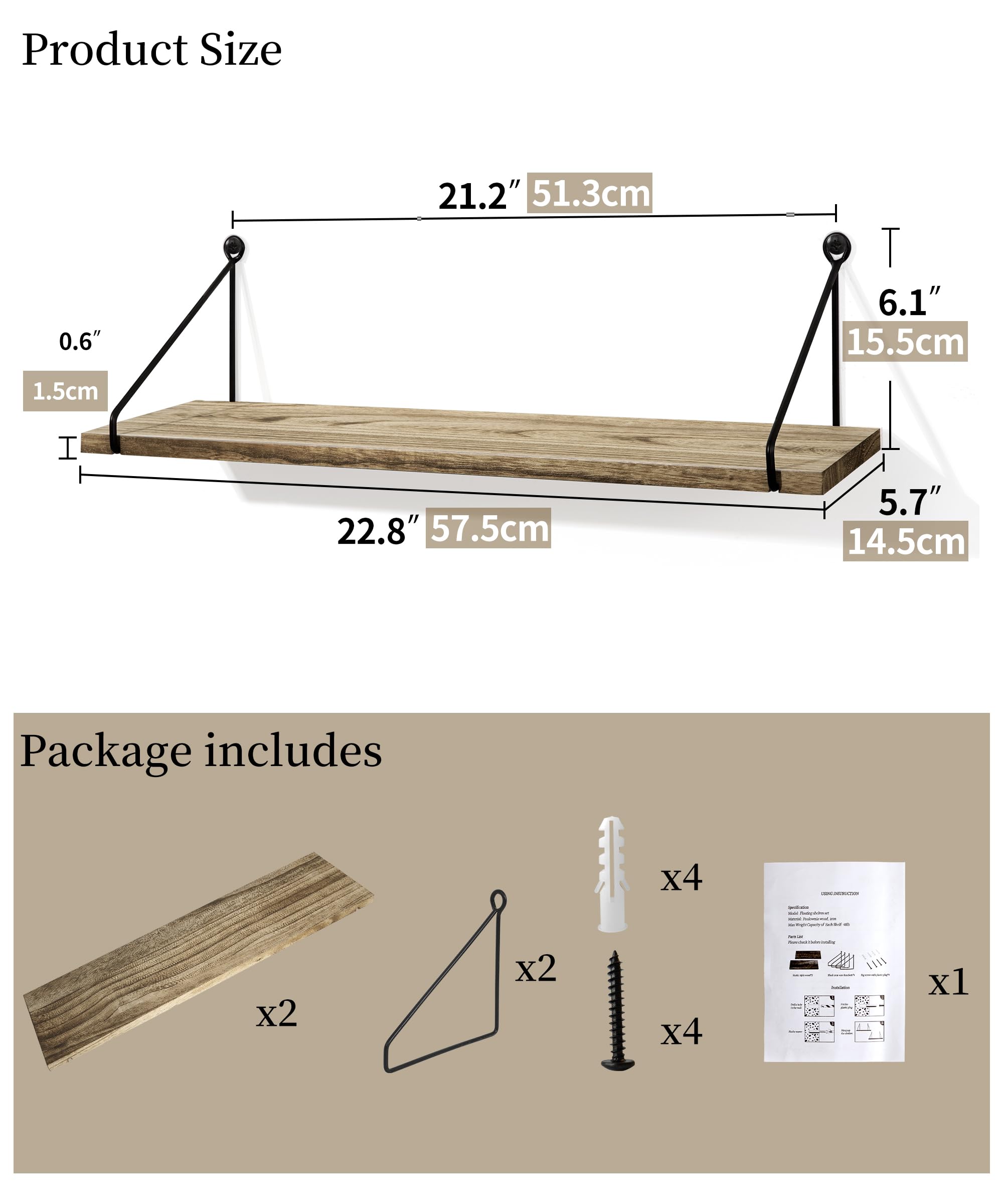 SUMGAR Long Floating Shelves for Wall Rustic Wood Shelf 60CM for Bathroom Kitchen bedroom living room office Wooden Storage Rack Set of 2 With Bracket