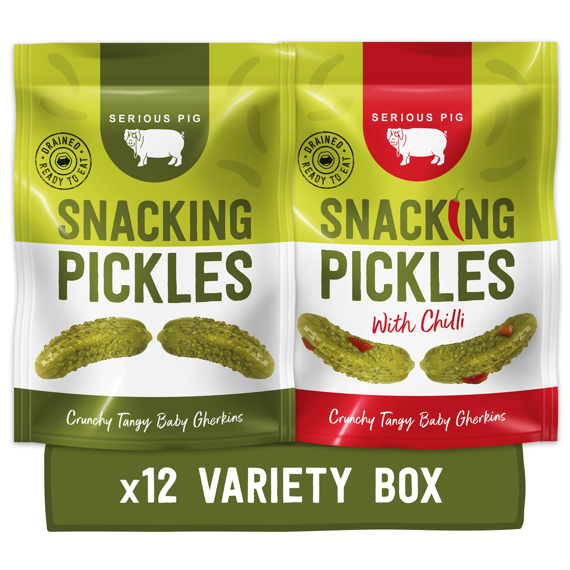 Serious Pig Snacking Pickles Selection Box Original and Chilli Flavour Gherkins - Low Calorie Gluten Free Vegan (12 x 40g)
