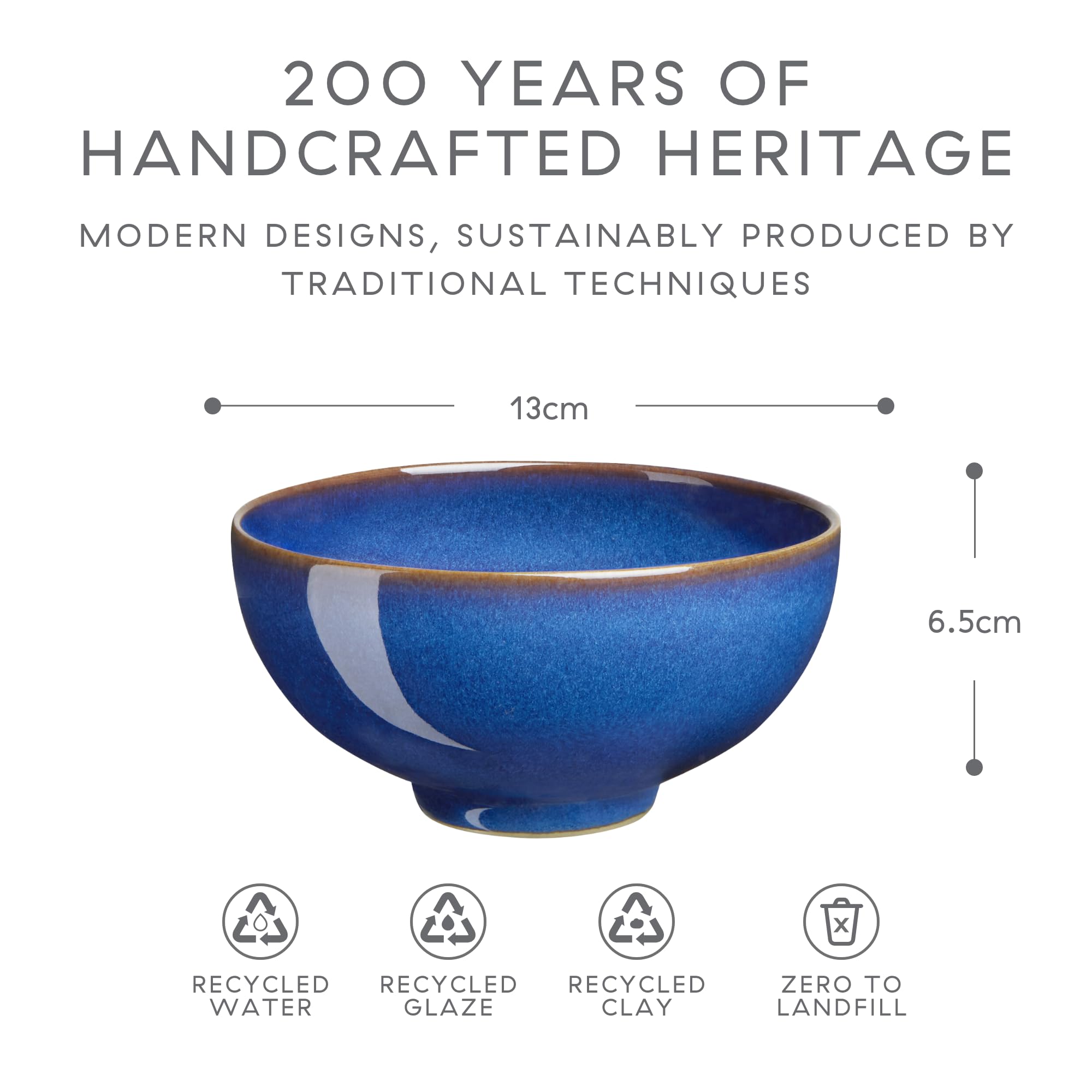 Denby - Imperial Blue Rice Bowls Set of 4 - Dishwasher Microwave Safe Crockery 480ml 13cm - Royal Blue Ceramic Stoneware Tableware - Chip & Crack