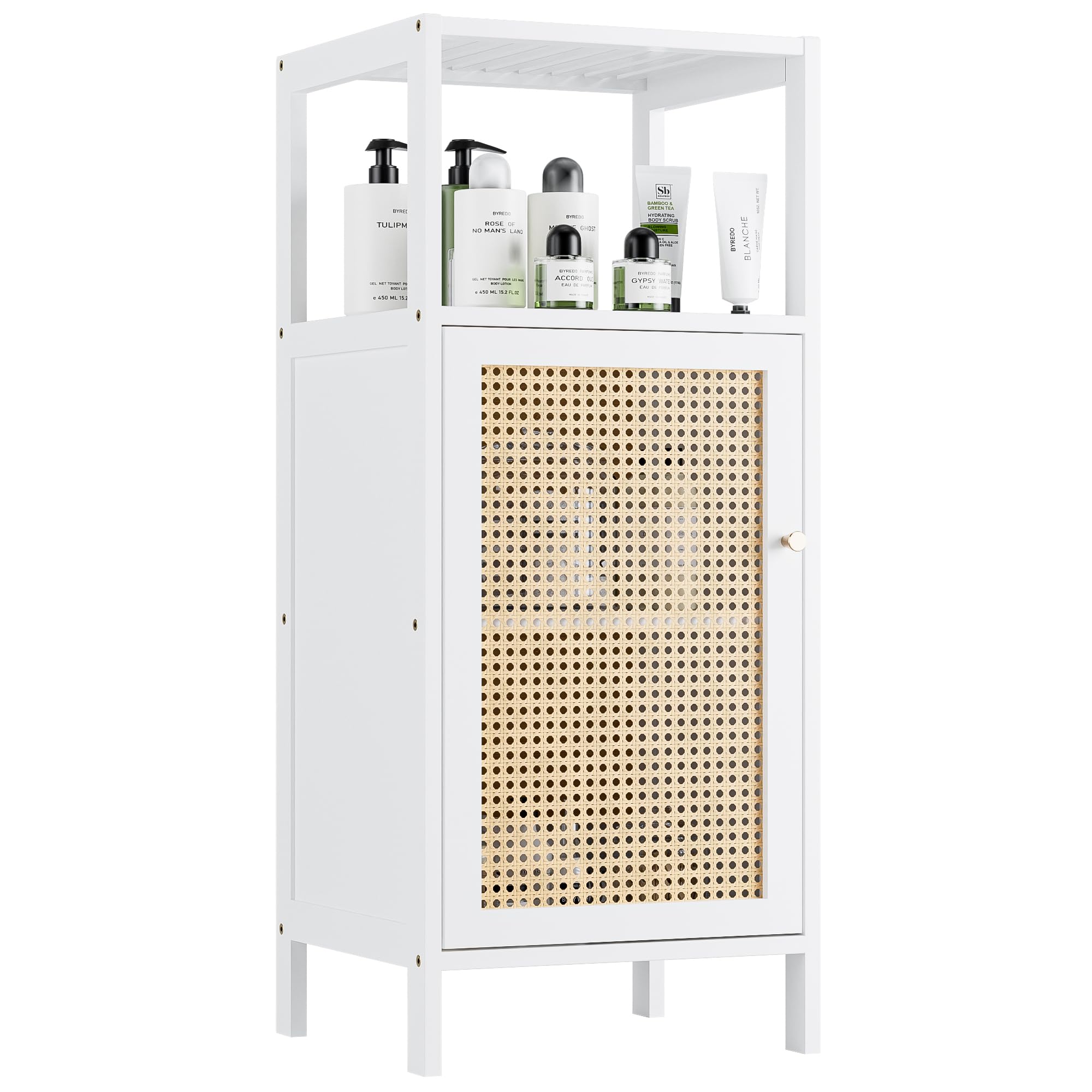 vovala Bamboo Floor Standing, Small Bathroom Cabinet Floor Standing with Rattan Doors, 4 Tier Narrow Side Storage Cabinet, Space Saving Cupboard for
